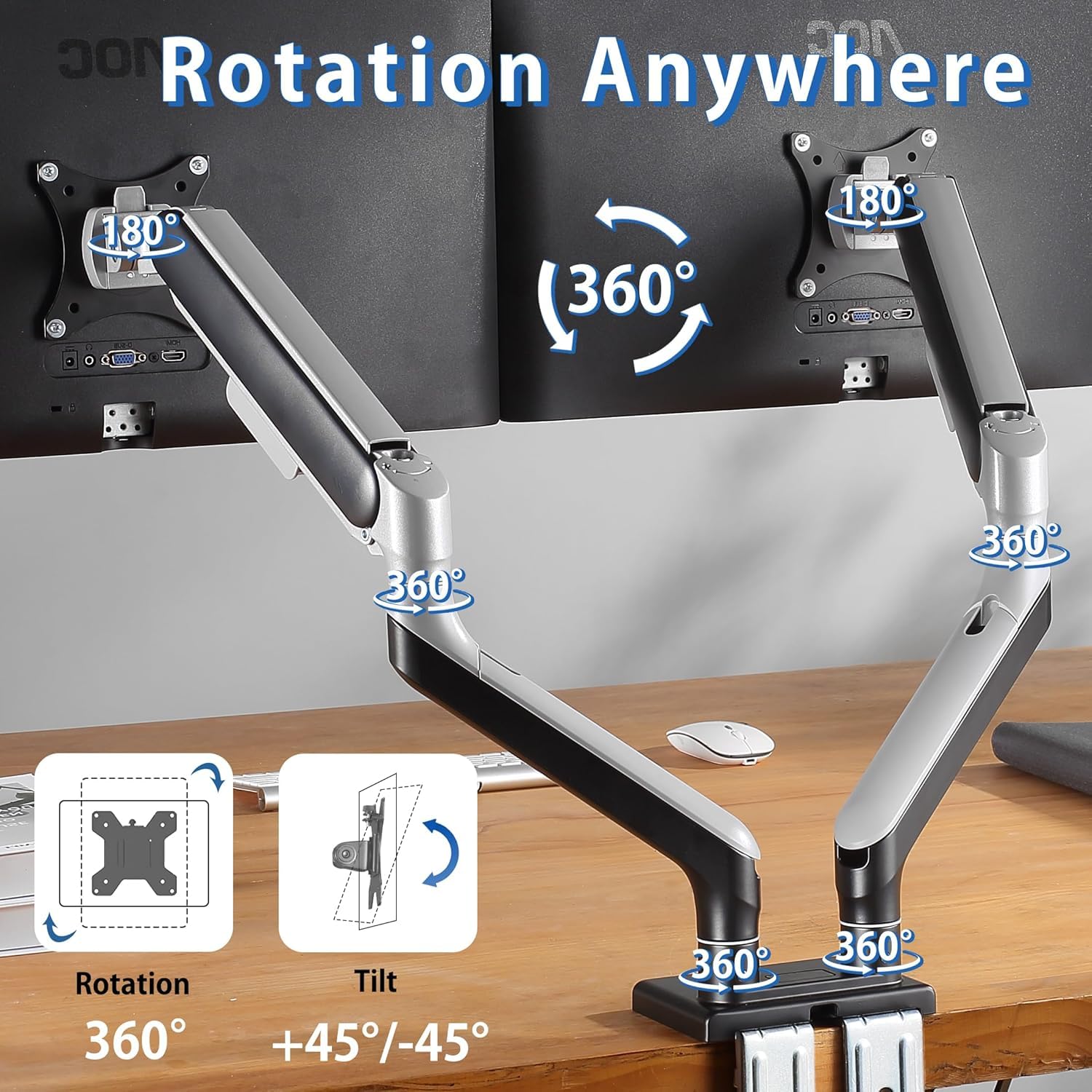ETHU Soporte Dual para Monitor con pistón de Gas, hasta 17 kg para Pantallas de 17-45", Brazos Ajustables con inclinación, Giro y rotación, Compatible con VESA 75/100 mm (Negro)