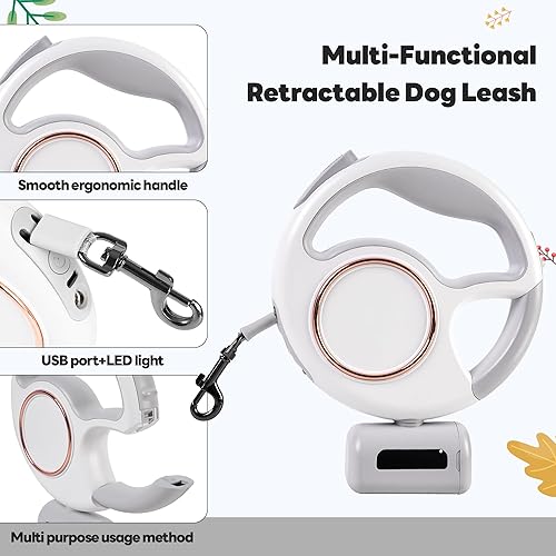 Miniatura 6 de Correa reflectante retráctil 3 en 1 para perro con LED, correa ajustable de nailon de 10 pies para mascotas, soporte desmontable integrado para