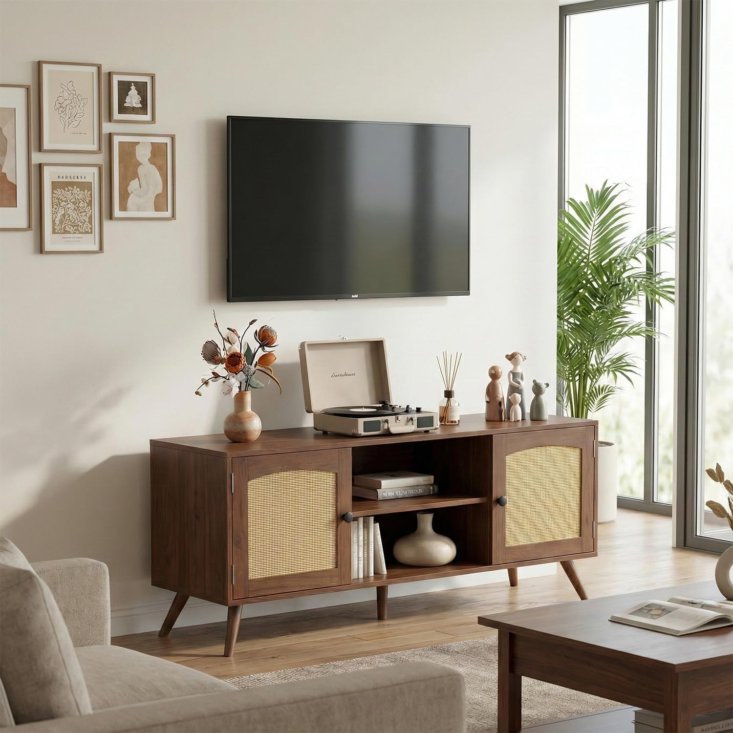 holzart Mid Century Modern Rattan TV Stand for 55/60 Inch TV - 53" Boho Media Console Table with Cane Doors & Open Shelves, Rustic Brown Entertainment Center for Living Room, Hallway, Entryway