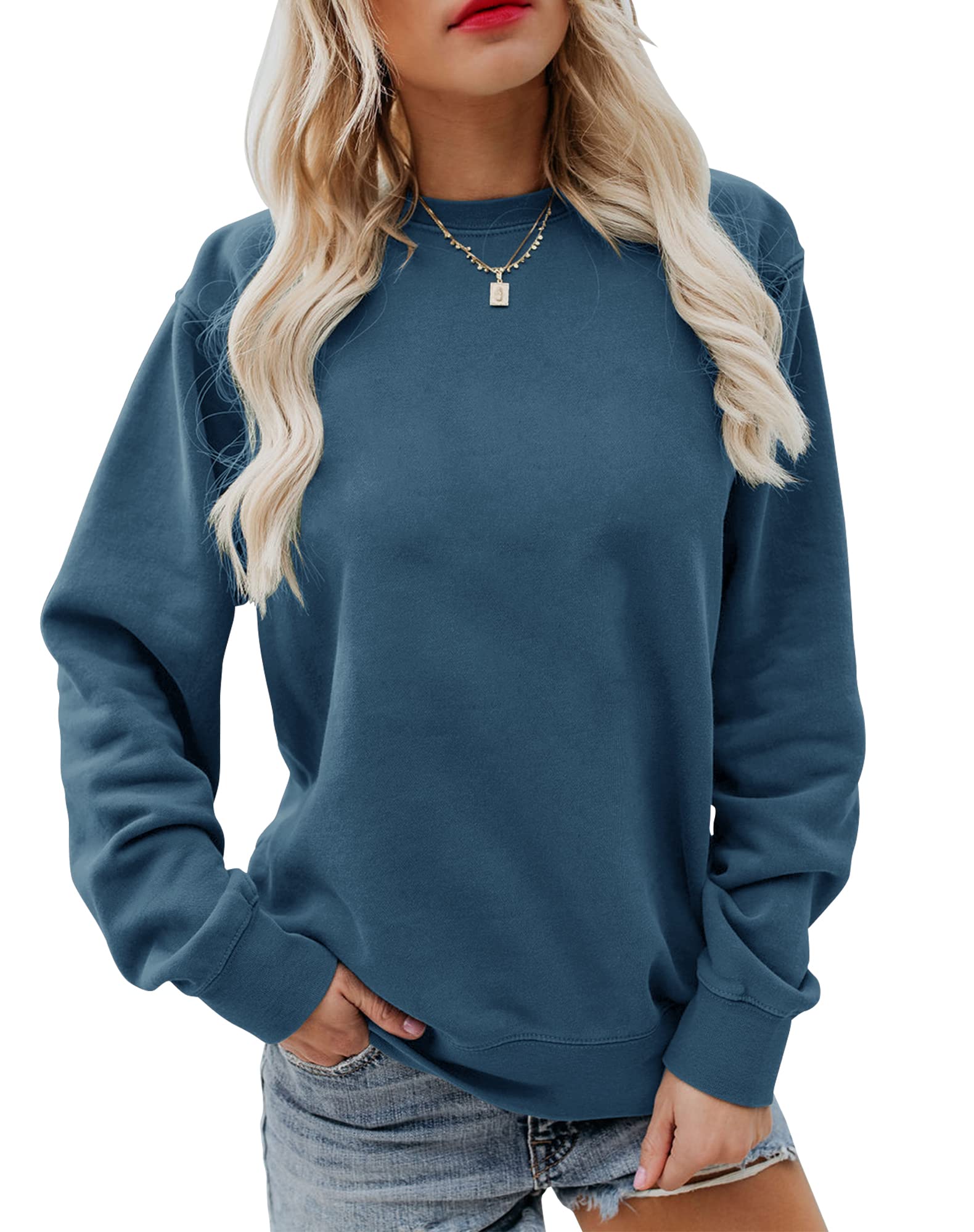 Hilltichu Women's Fall Long Sleeve Pullover Tops Casual Round Neck Sweatshirt