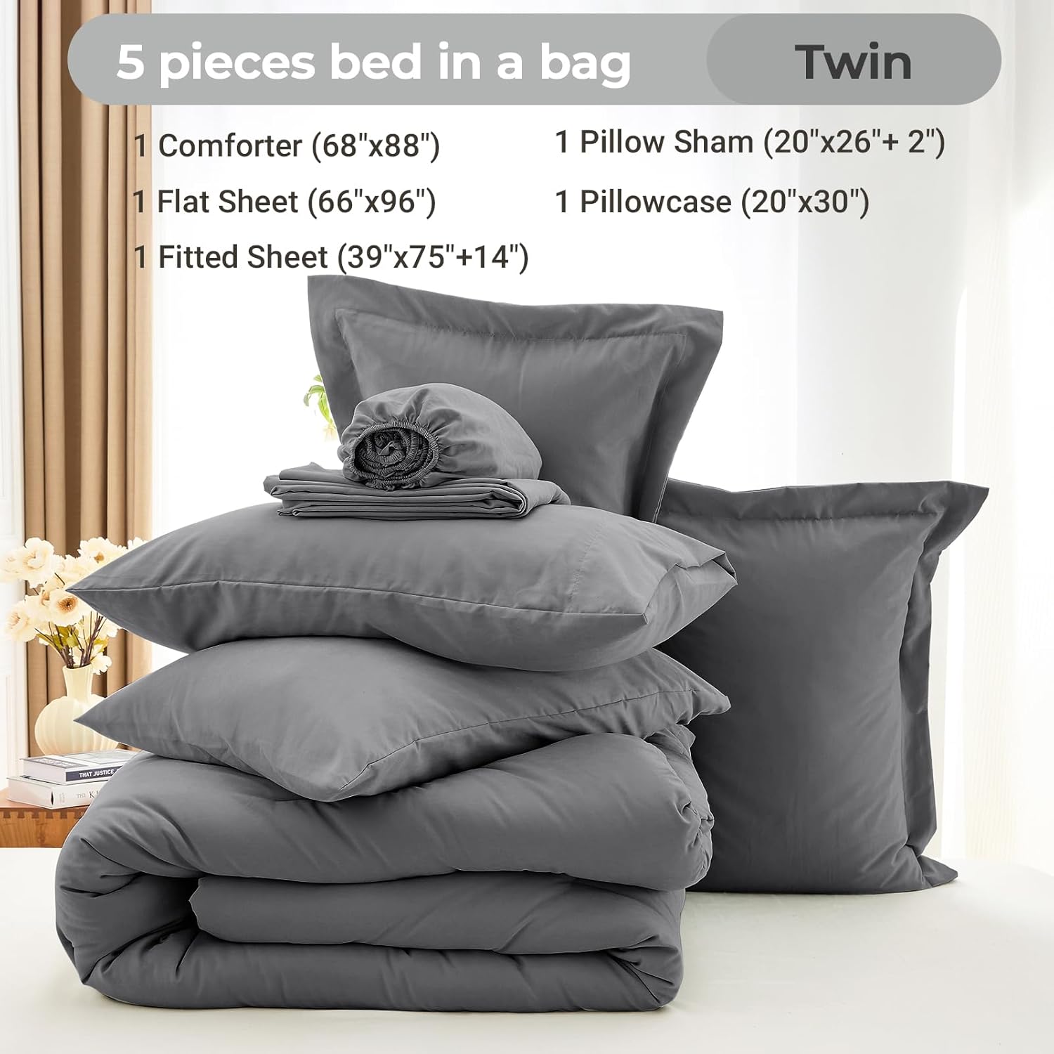 MUXHOMO 5 Pieces Twin Comforter Set, Soft Bed in a Bag Twin Size, All Season Bedding Set with Comforter, Flat Sheet, Fitted Sheet, Pillowcases & Shams, Dark Grey - Image 4