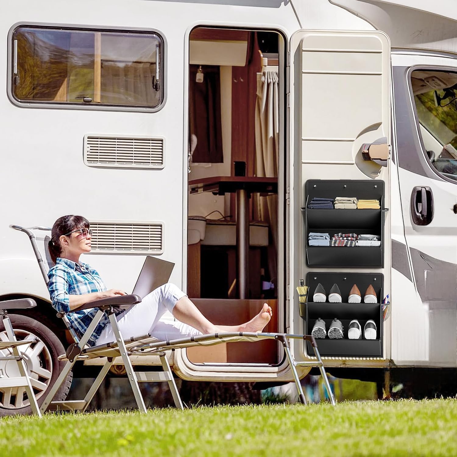 JUTTAUTO Lot de 2 étagères de rangement à chaussures de camping-car avec grandes poches profondes - Support mural à chaussures pour camping-car T4 T5 - Solution d'organisation d'accessoires de camping