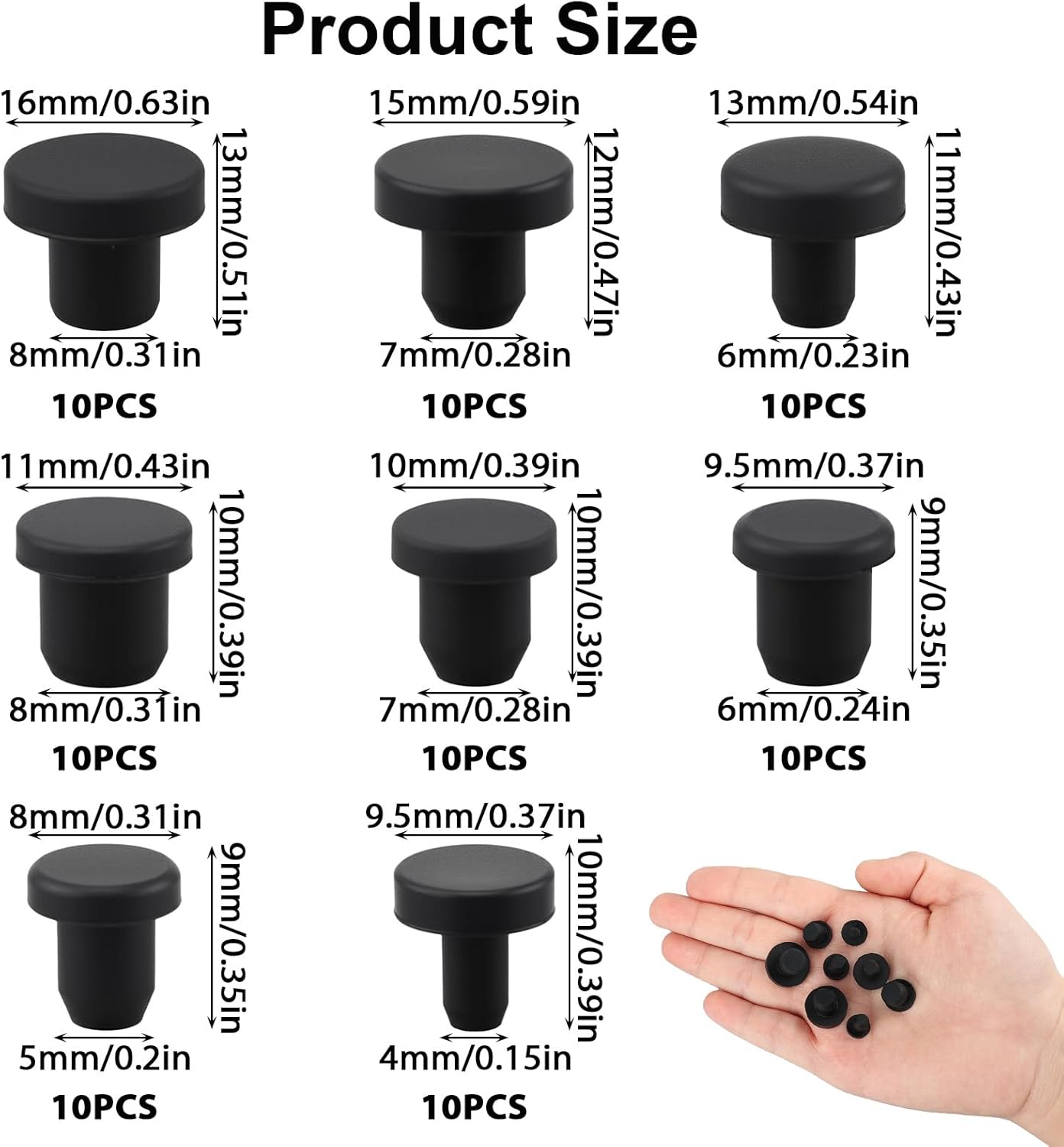 80 Pcs Silicone Rubber Hole Plug Assortment Kit, 8 Sizes Heat Resistant Black T-Type Caps for Powder Coating, Pipe Sealing, Test Tube Protection and Waterproofing Applications (Black)