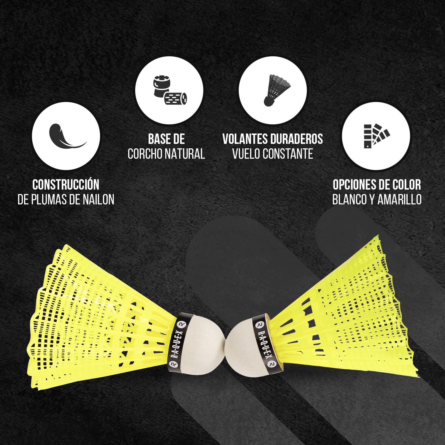 Raquex Tubo de 6 Volantes de Bádminton de Nailon y Corcho Natural, 3 Velocidades, Blanco/Amarillo