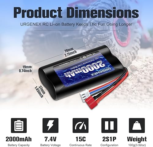 Miniatura 2 de URGENEX Batería de iones de litio de 7.4 V 2000 mAh con enchufe en T estilo Dean, batería recargable RC 2S para WLtoys 4WD de alta velocidad y la