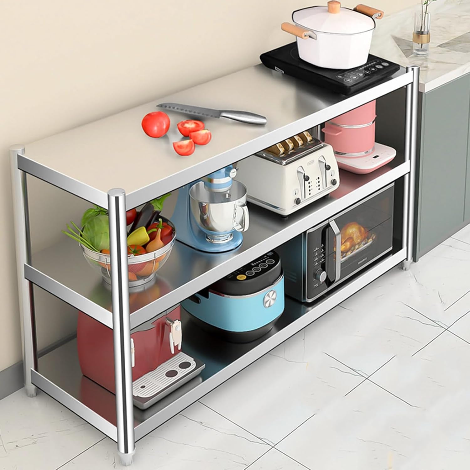 Stainless Steel Shelf 3 Tier Kitchen Industrial Workbench Kitchen Garage Heavy Duty Shelf Prep Table 3 Adjustable Tier Height Work Table(60x40x80cm/23.6x15.7x31.5)