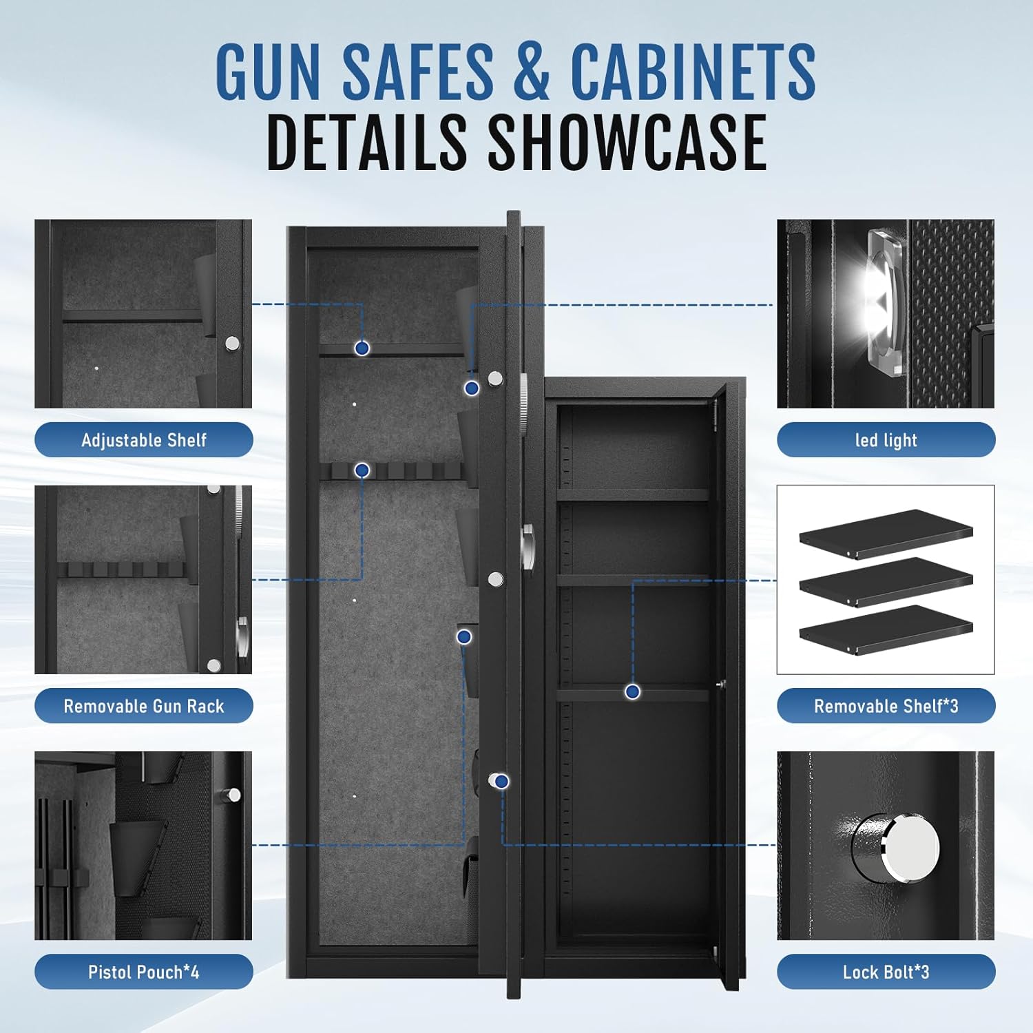 KAER 8-10 Gun Safe, Large Gun Safe for Rifles and Pistols, Quick Access Home Gun Rifle Safe and Storage Gun Locker Cabinet with 4 Pistol Pouches and Removable Shelf for Shotgun, Firearm, Ammo