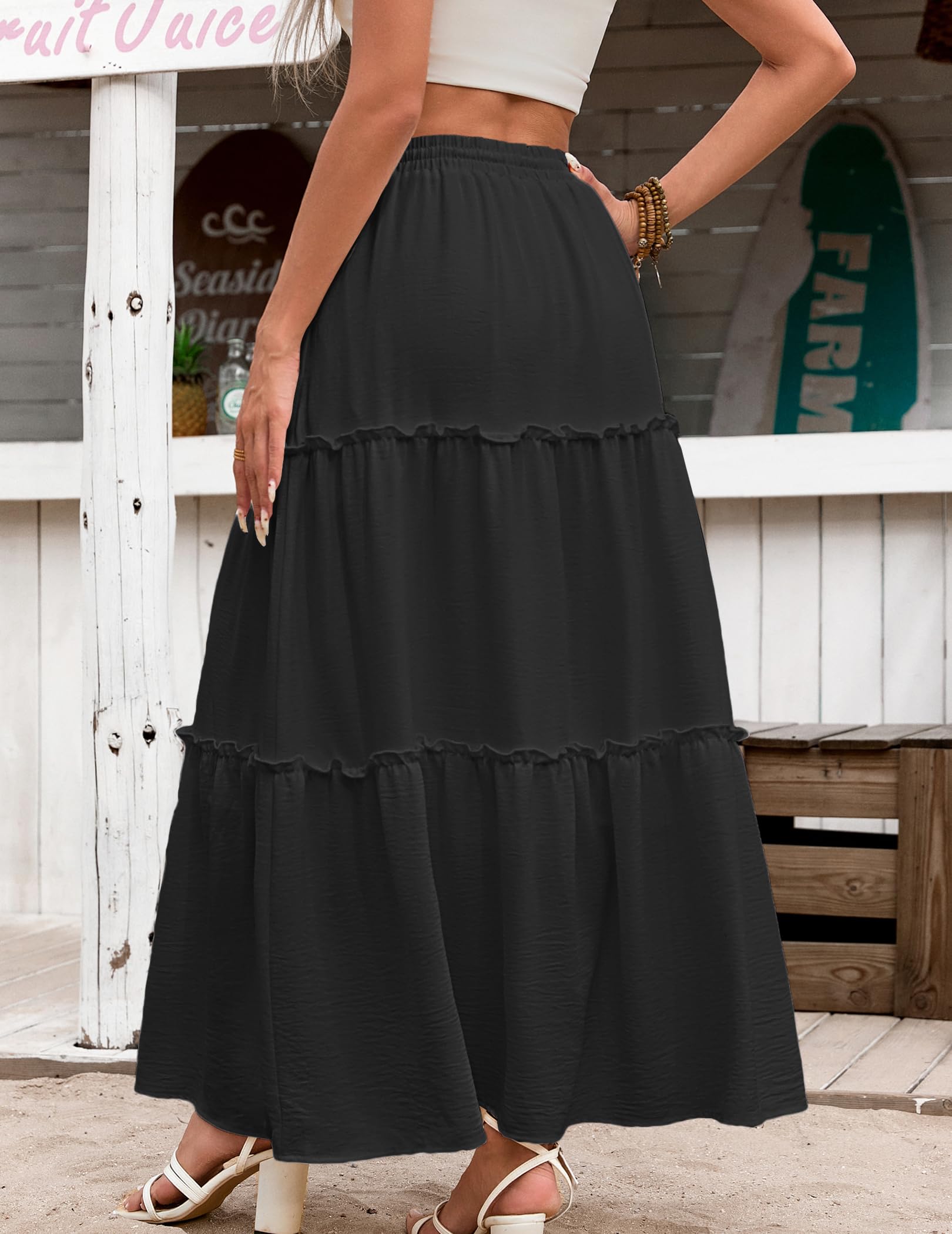 Hotouch Jupe Longue Femme Ete Élégante Jupes Élastique Taille Haute Jupe A-Ligne Casual Jupe Vacances Plage Jupes Femme avec Poches