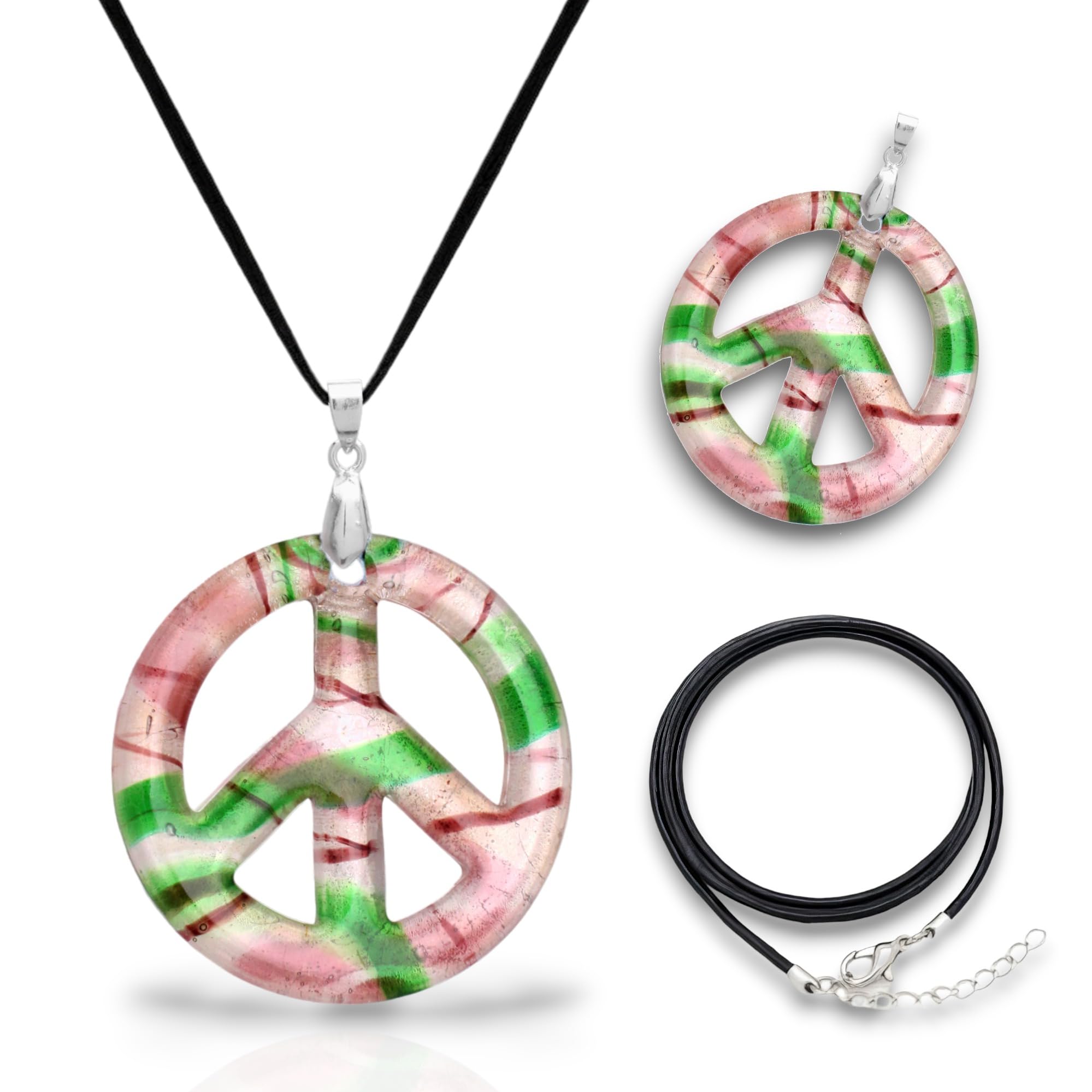 BESHEEK Murano Inspired Dichroic Glass Peace Sign Pendant │ Hand Blown Artisan Green and Purple Lampwork - Hypoallergenic Italian Style Pendant Necklace