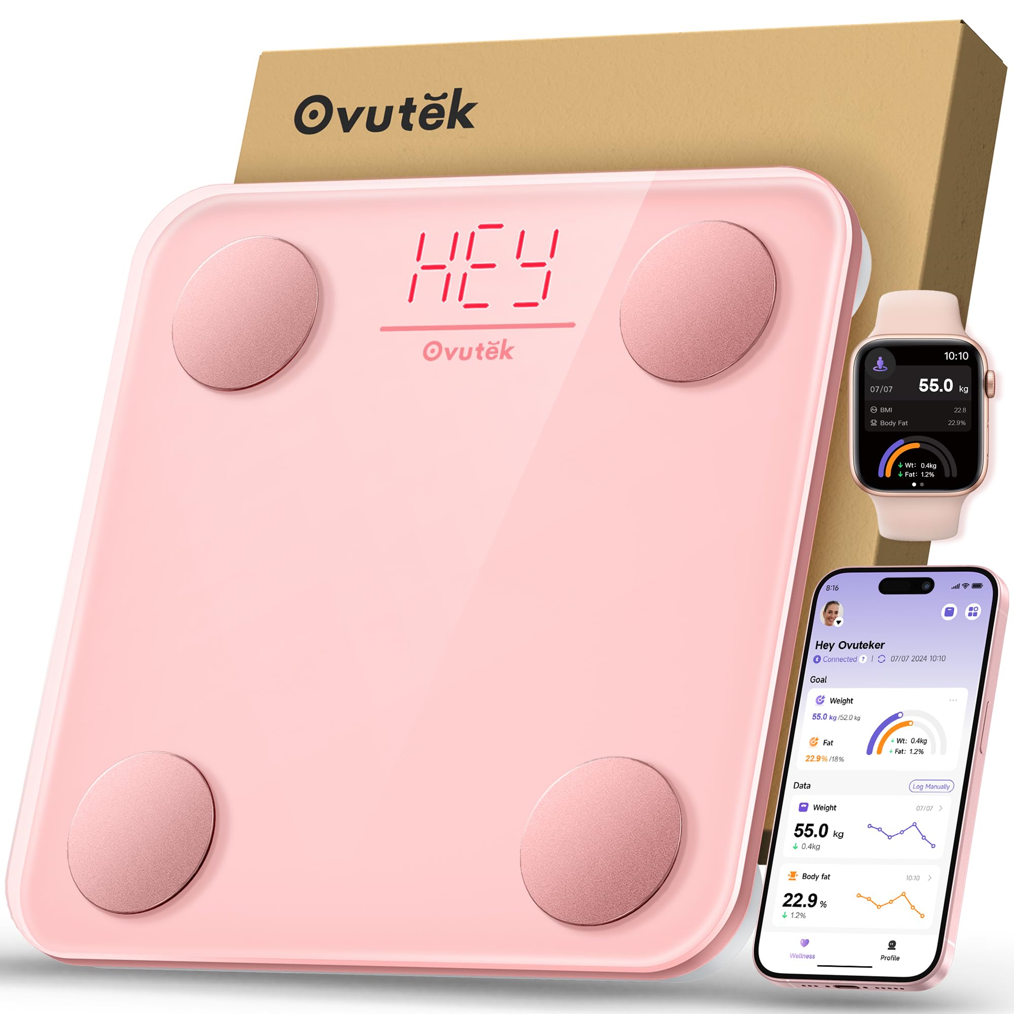 Ovutek Personenwaage Körperfettwaage für Körperfett, Körperwaage Digital mit Frei Smartphone-App BMI-Waage Genaue 14 Körperzusammensetzung, Rosa Waage Personen 180kg