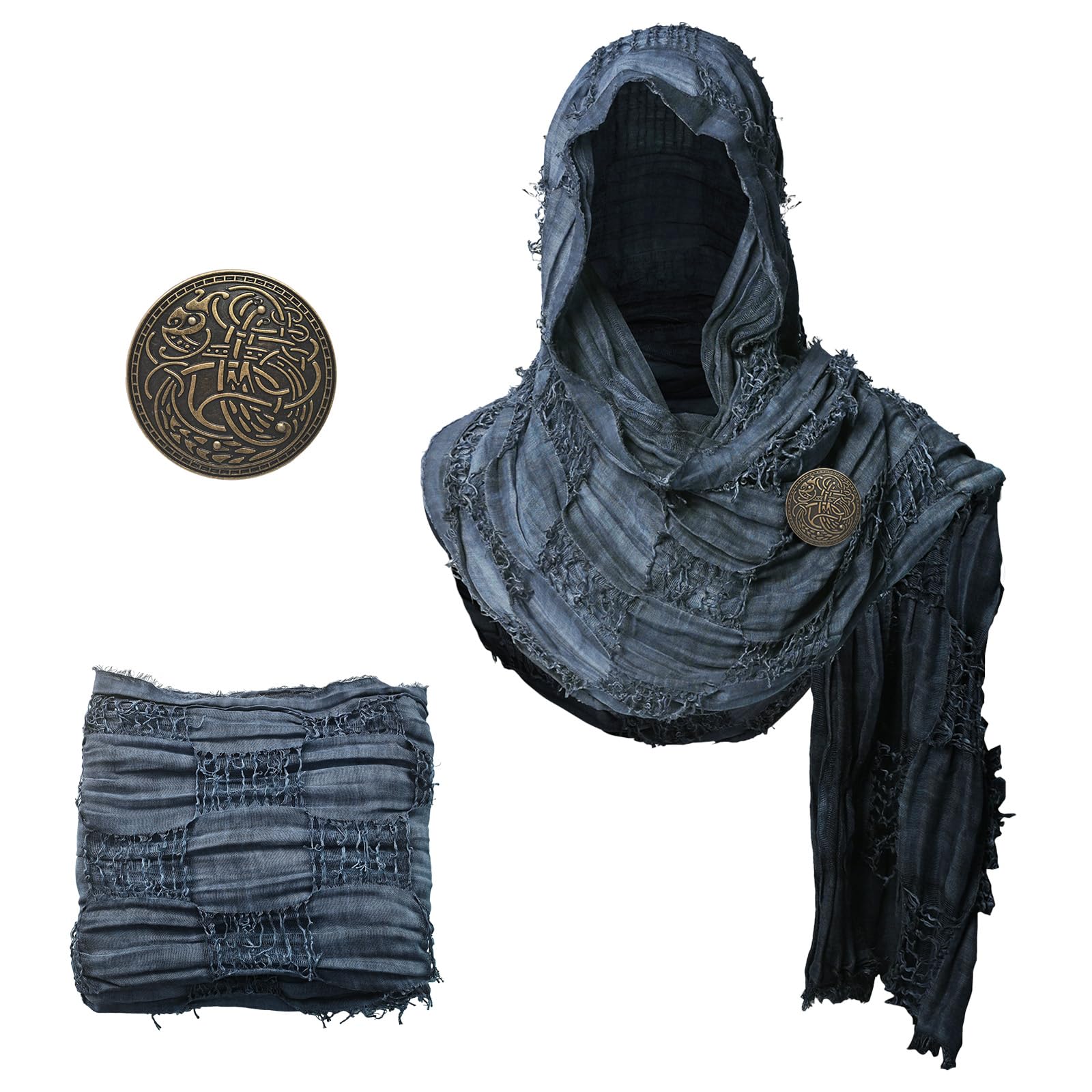 LLTTEER Medieval Scarf Cowl with Brooch, Vintage Viking Cowl Hooded Shawl, Renaissance Hood Cloak for Halloween Cosplay,Blue