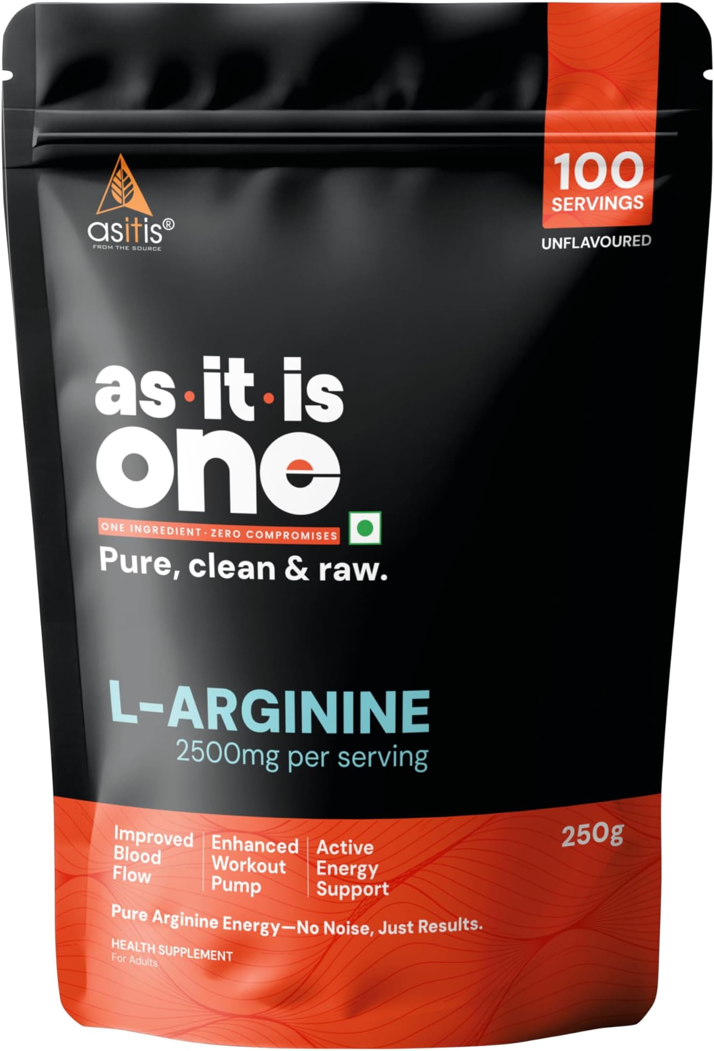 AS-IT-IS One L Arginine, Unflavoured & Unsweetened, 250g - Supports Blood Flow, Nitric Oxide Production & Workout Performance