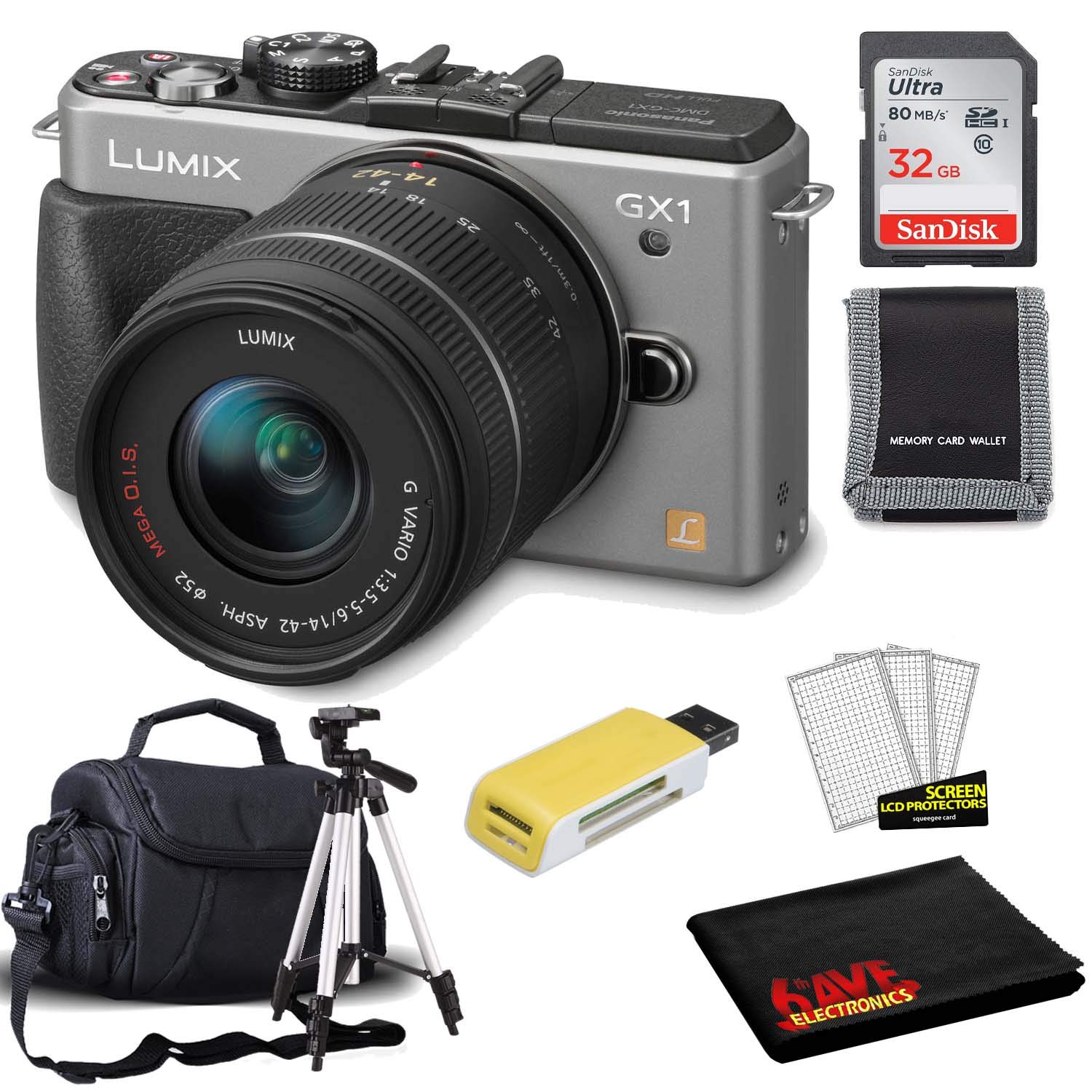 Panasonic LUMIX DMC-GX1 Mirrorless Micro Four Thirds Digital Camera with G Vario 14-42mm Lens Kit (Silver) with Carrying Case, 32GB SDXC Memory Card and More