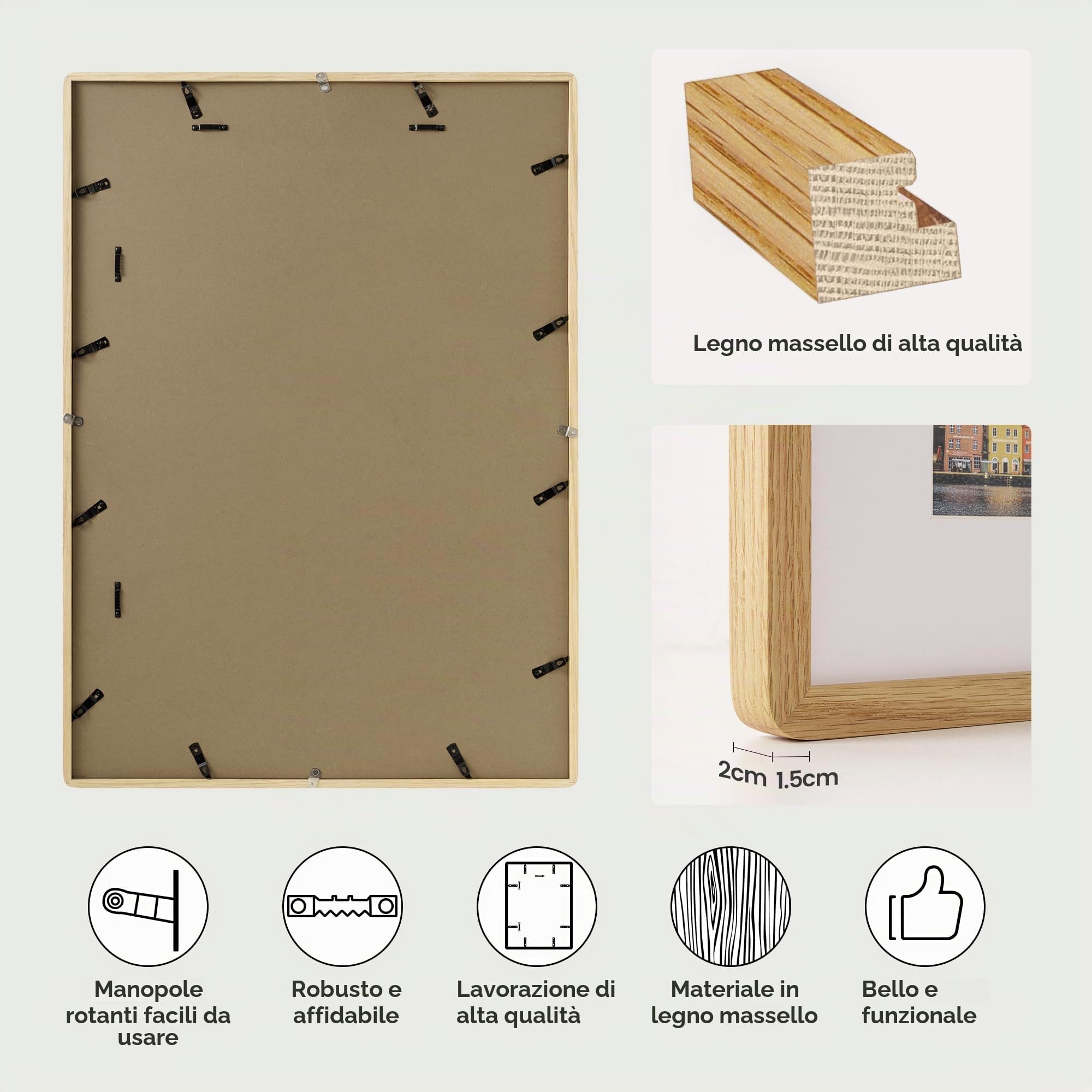 Feihorrm Cornice portafoto in legno massiccio, Cornice per foto A1 in rovere, con vetro temperato, per foto 59,4x84 cm senza passepartout o foto 41x58,4 cm con passepartout (Beige, A1 (59,4x84 cm)/ 1x
