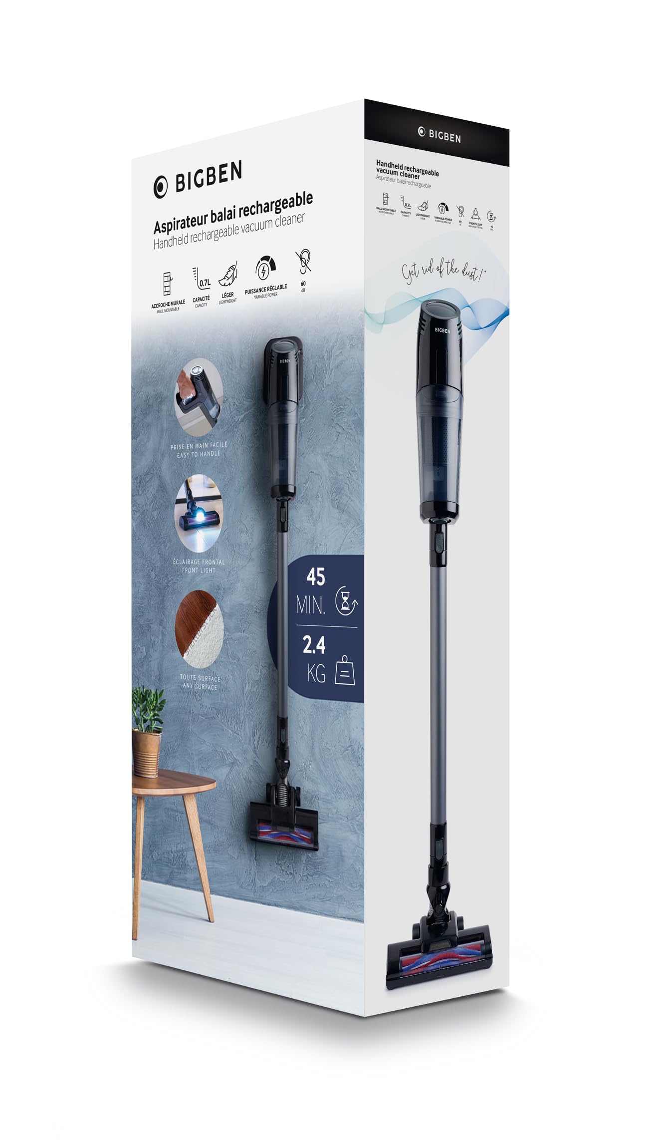 BIGBEN - Aspirador de escoba recargable, 2 en 1 con aspiradora de mano, cepillo motorizado LED, tanque 0,7 L, 2 velocidades, batería desmontable, soporte de pared - VACB01G