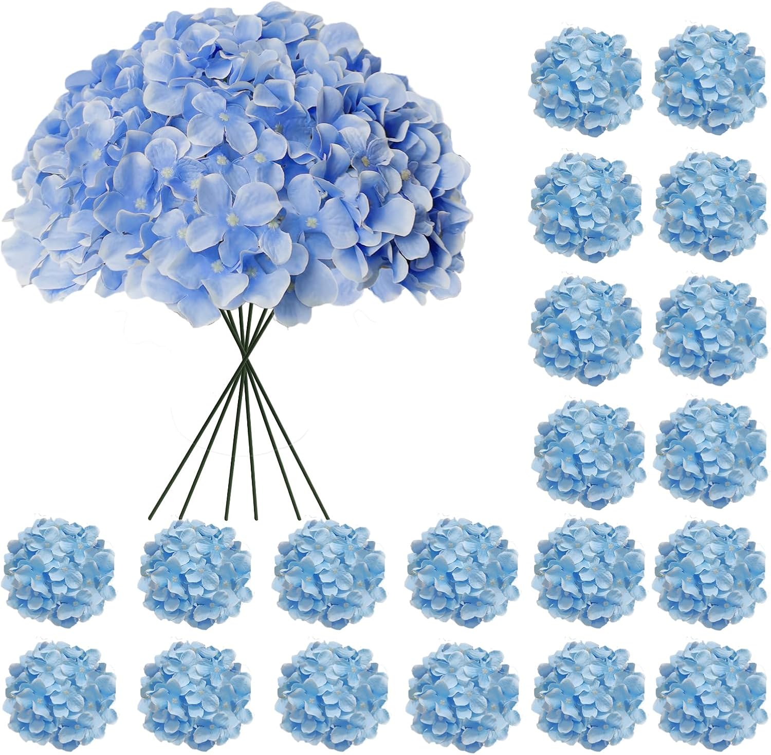 20 Pcs Blue Hydrangea Artificial Flowers Bulk, Faux Hydrangea Flowers Heads, Artificial Fake Silk Hydrangea Flowers with Stems, Blue Flowers Artificial for Decoration Wedding Décor