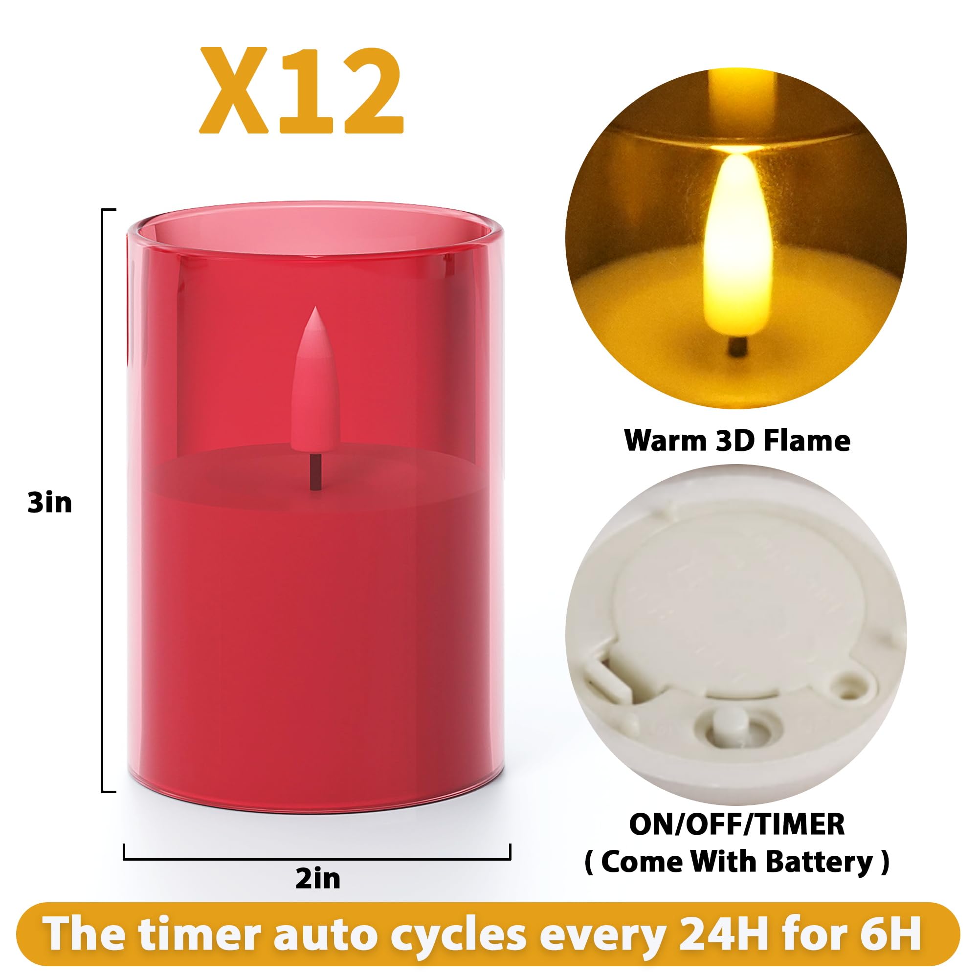 VIODAIM Confezione da 12 candele tremolanti senza fiamma con timer, candele LED alimentate a batteria, piccole candele senza fiamma, candele votive a batteria, per centrotavola per feste di nozze