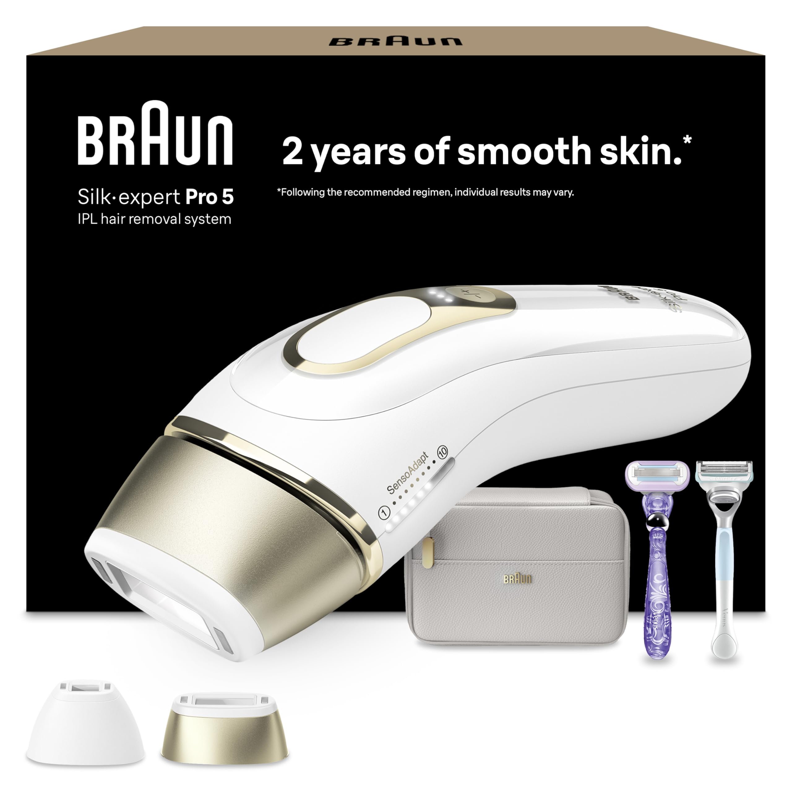 Braun IPL Silk Expert Pro 5 Haarentfernung Gerät PL5157 Weiß/Gold inkl. Etui, 2 Venus Rasierer, 2 Aufsätze