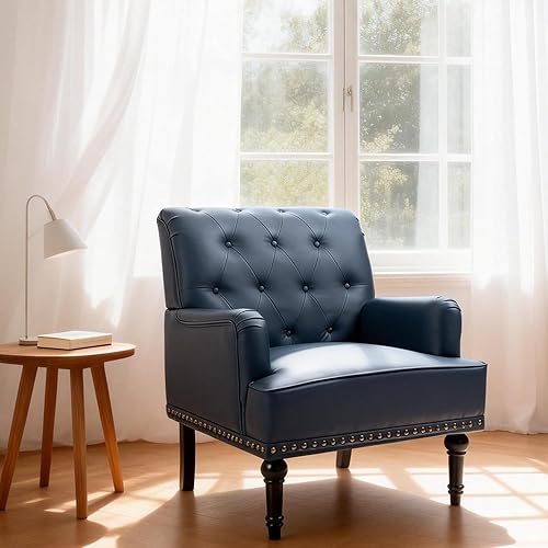 Miniatura 3 de MOJAY Silla decorativa de piel sintética, sillón de mediados de siglo con patas de madera de goma, silla de club con ribete de remache para