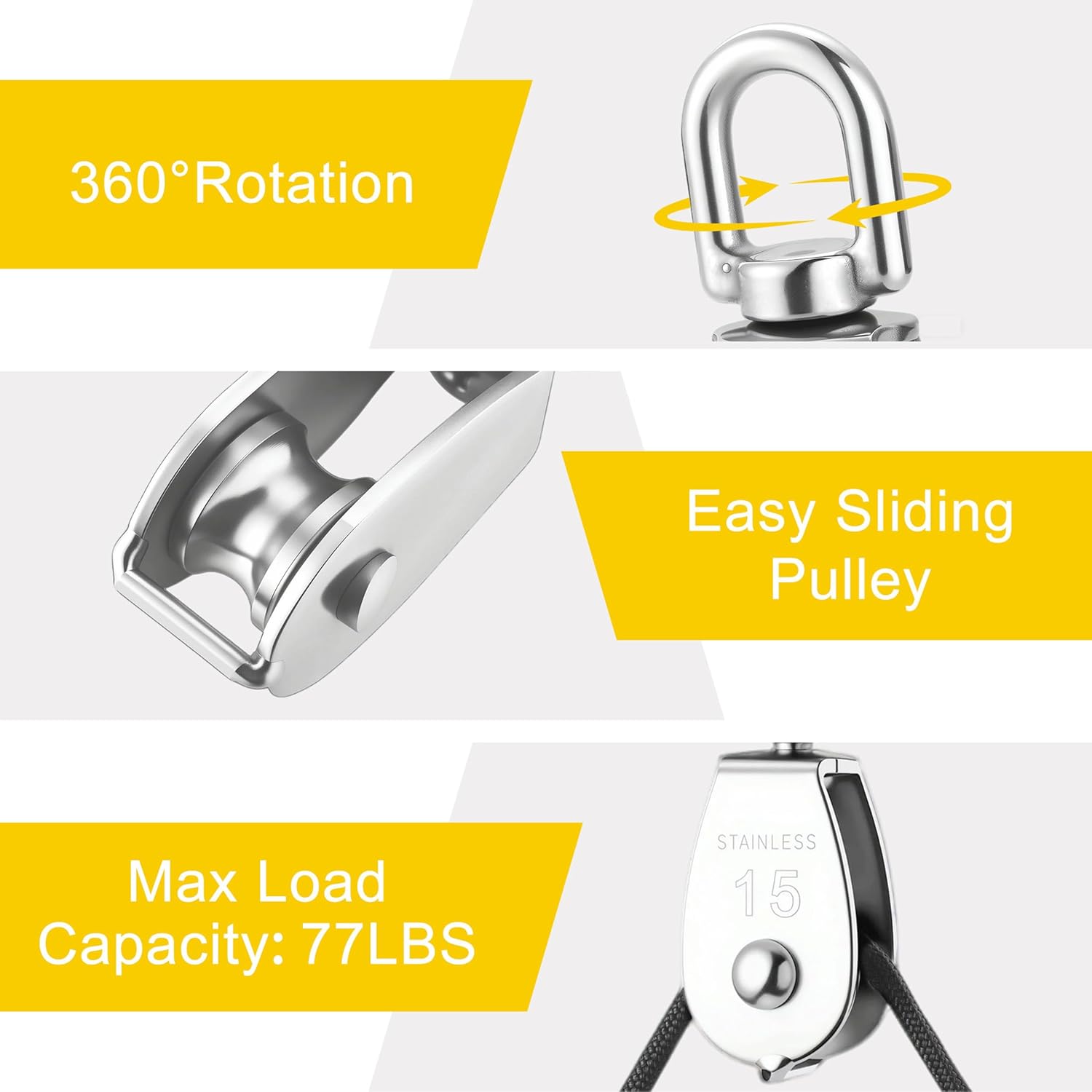 Mornajina 2 Sets M15 Cable Pulley System for Lifting Hanging, Including Heavy Duty Stainless Steel Single Pulley Block with 66FT Nylon Rope, Snap Hooks, Eye Pad Plate, Rope Cleat Hook, Loading 77lb