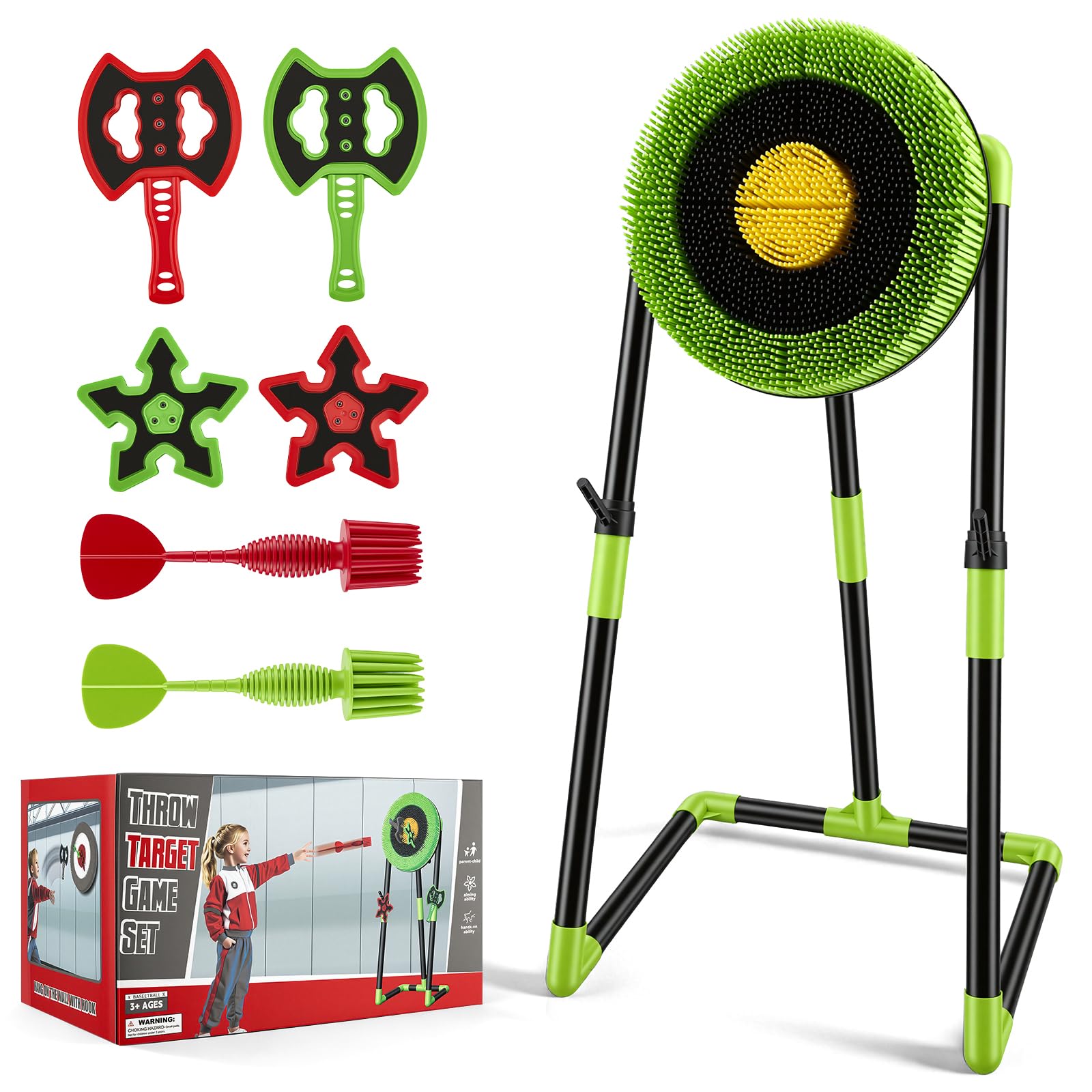Axe Throwing Game for Backyard, Axe Throwing Target Board Set with 2 Throwing Axes, 2 Ninja Stars & 2 Darts, Outdoor Indoor Yard Game for Adults Youth Kids Activity Carnival Games for Age 3-12