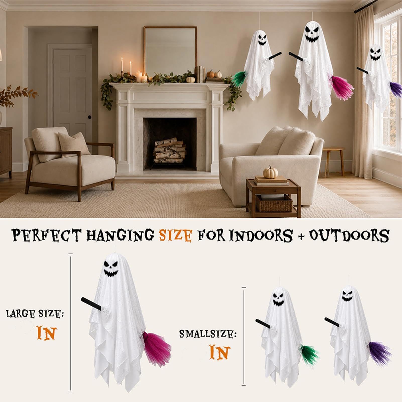 Dekoracja Ducha 3 Sztuki Latających Strasznych Duchów z Wbudowanymi | Dekoracje Ogrodowe Na Halloween Z Miotłą na cmentarz, drzewo, ganek, patio, ogród i przyjęcie