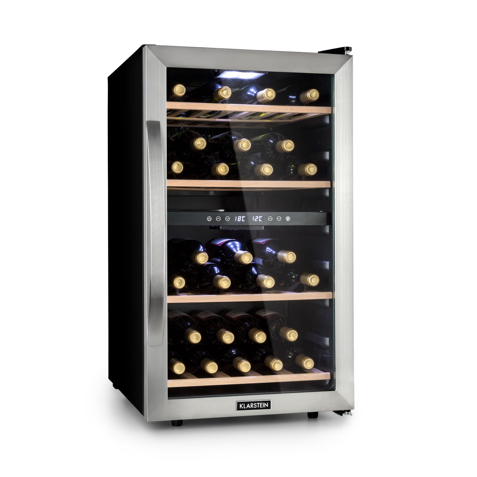 KLARSTEIN Cantinetta Vino, Cantinetta Vino Refrigerata a Zona Doppia per Interno/Esterni, Frigo Bar, Cantina Vino con Vetrina, Mini Bar con Protezione UV, Frigo Vino Touch, 5-18°C, 45 Bottiglie