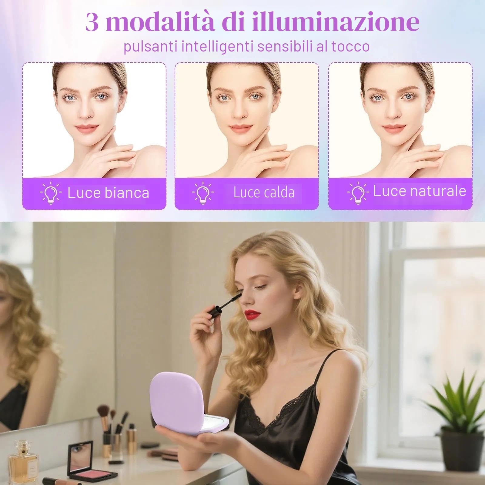 Collazoey LED Specchio Ingranditore, 1X/10X Specchietto da Borsetta, Chargement par USB, 3 Luci Regolabile Portatile Specchio da Viaggio, Interruttore Magnetico Pieghevole Piccolo Mirror (Viola)