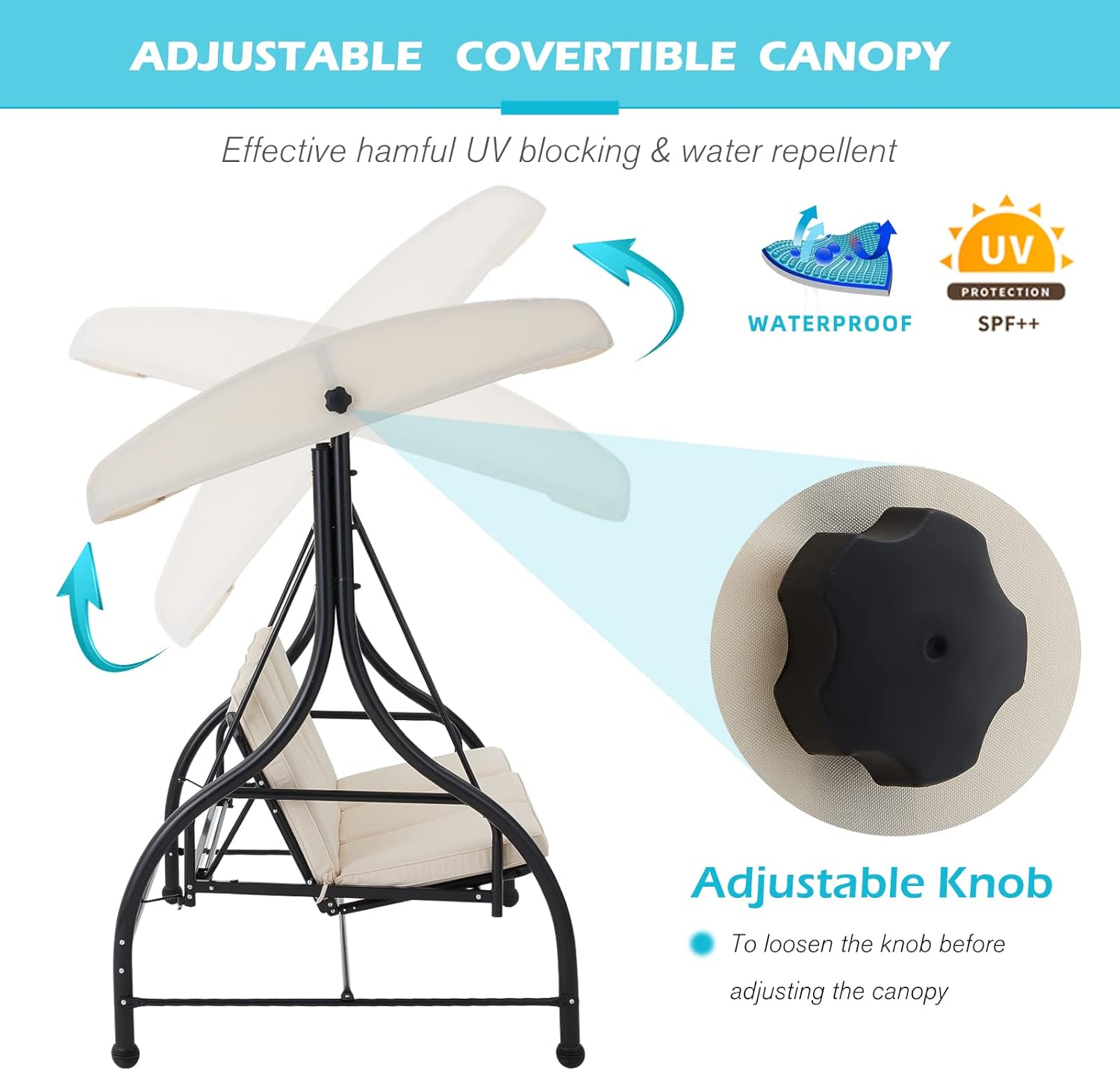 AECOJOY 3-Seat Outdoor Patio Swing With Canopy, Converting Porch Hammock, Adjustable Backrest, Removable Cushions and Stand, Beige
