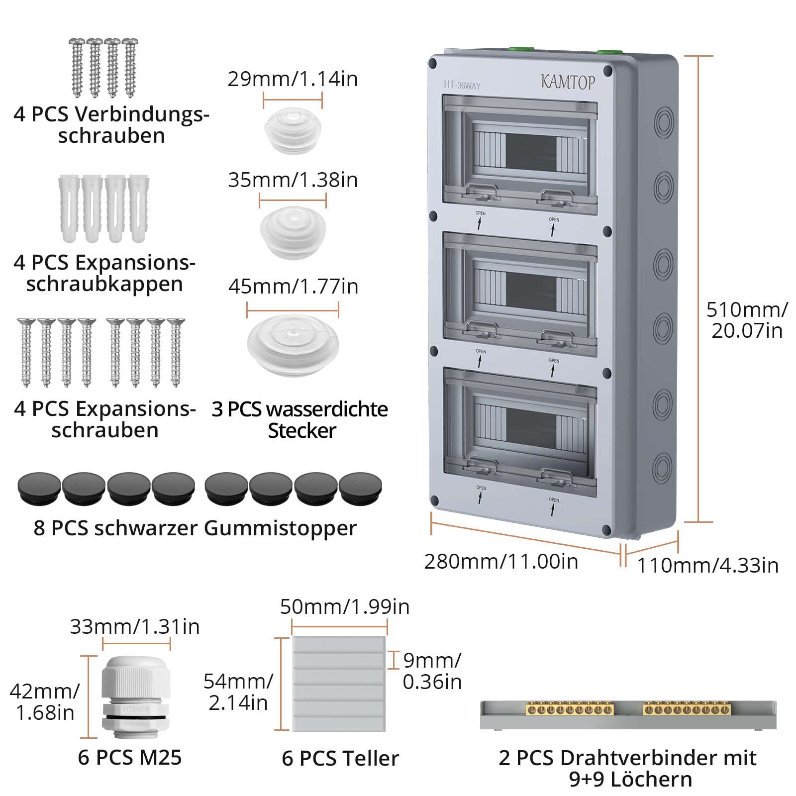 Kamtop Verteilerkasten Aufputz,IP65 Sicherungskasten Aufputz, 3 Reihig 36 Modules kleiner Verteilerkasten Mit 9 Terminals 9 Steckverbinder für Außenbereich, Garten, Bauernhof, Laden | Sicherungskasten mit DIN-Schiene, Sicherungskasten, transparenter Decke