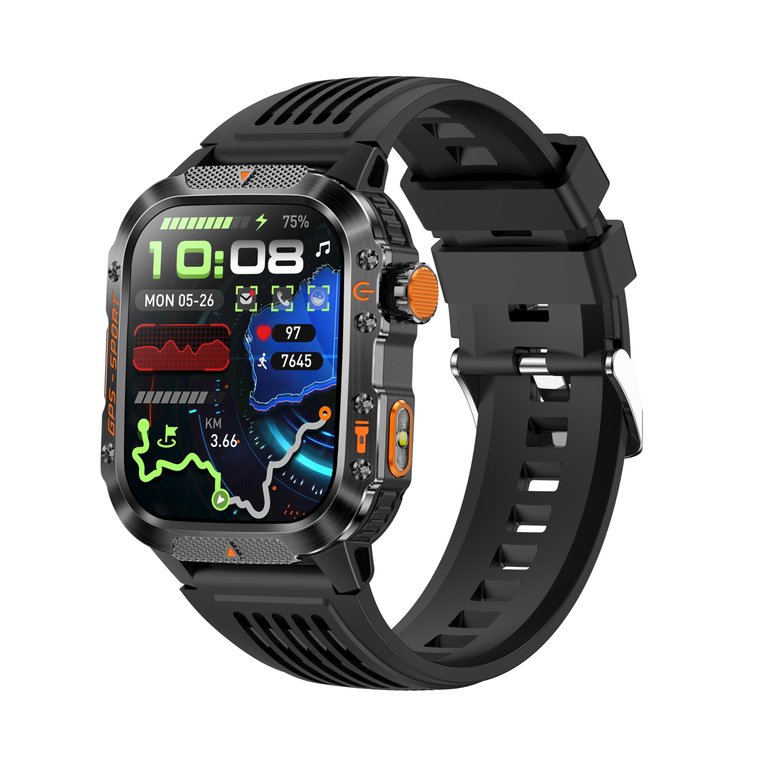 GPS Running Watch for Men Women, 2.01" Fitness Watch with GPS Compass Altimeter, Bluetooth Calls, Heart Rate &amp; Sleep Monitor, Waterproof Outdoor Watch (Black Silicone Strap)