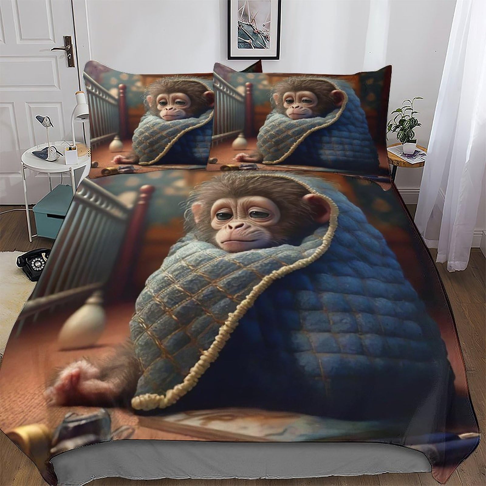 Housse de couette singe parure de lit 3 pièces douce 200x200 quatre saisons microfibre coton