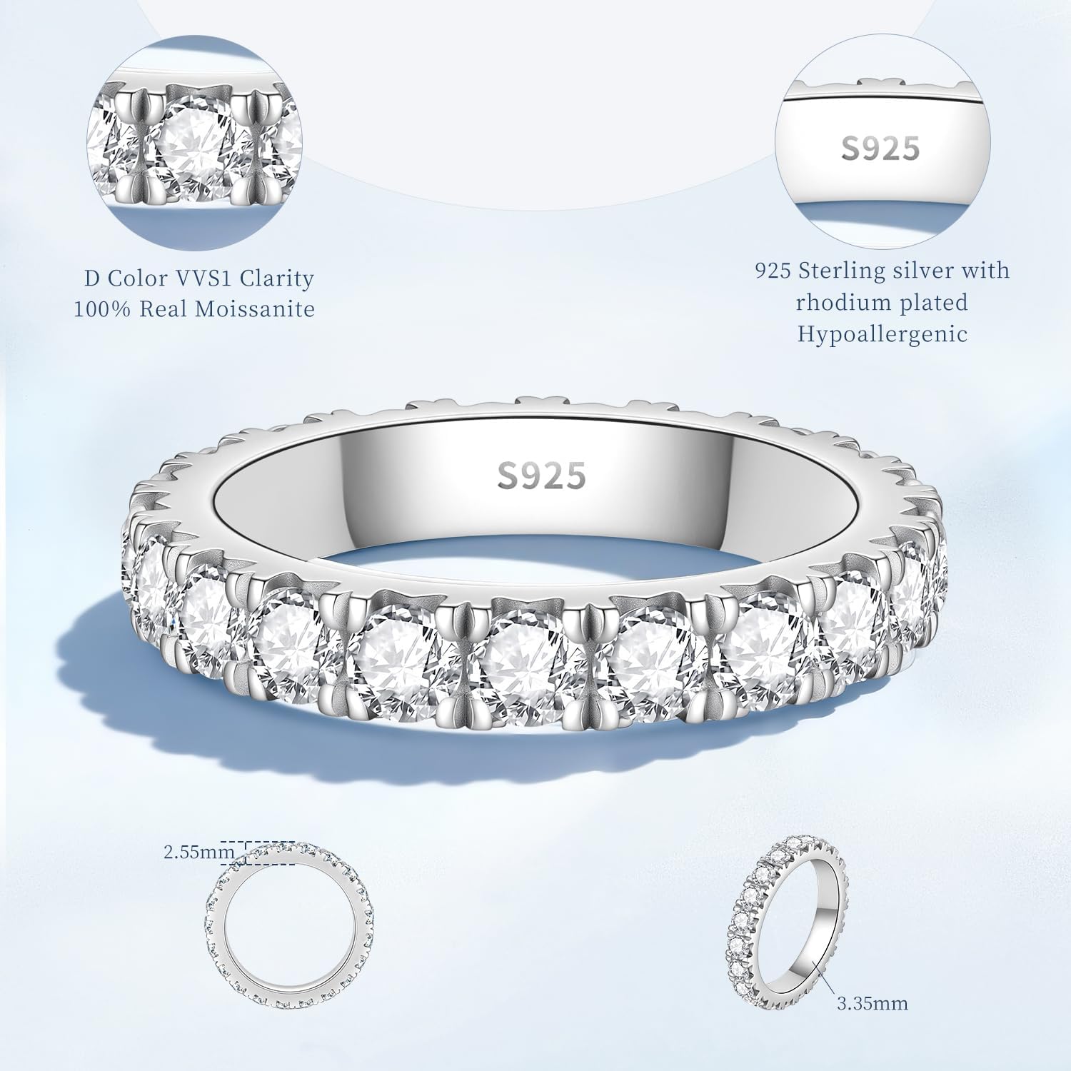Moissanite Engagement Ring for Women, 925 Sterling Silver with 18K White Gold Plated, 1.2CT D Color VVS1, Eternity Stackable Wedding Band, Anniversary Promise Ring with Gift Box, Size 4.5-9