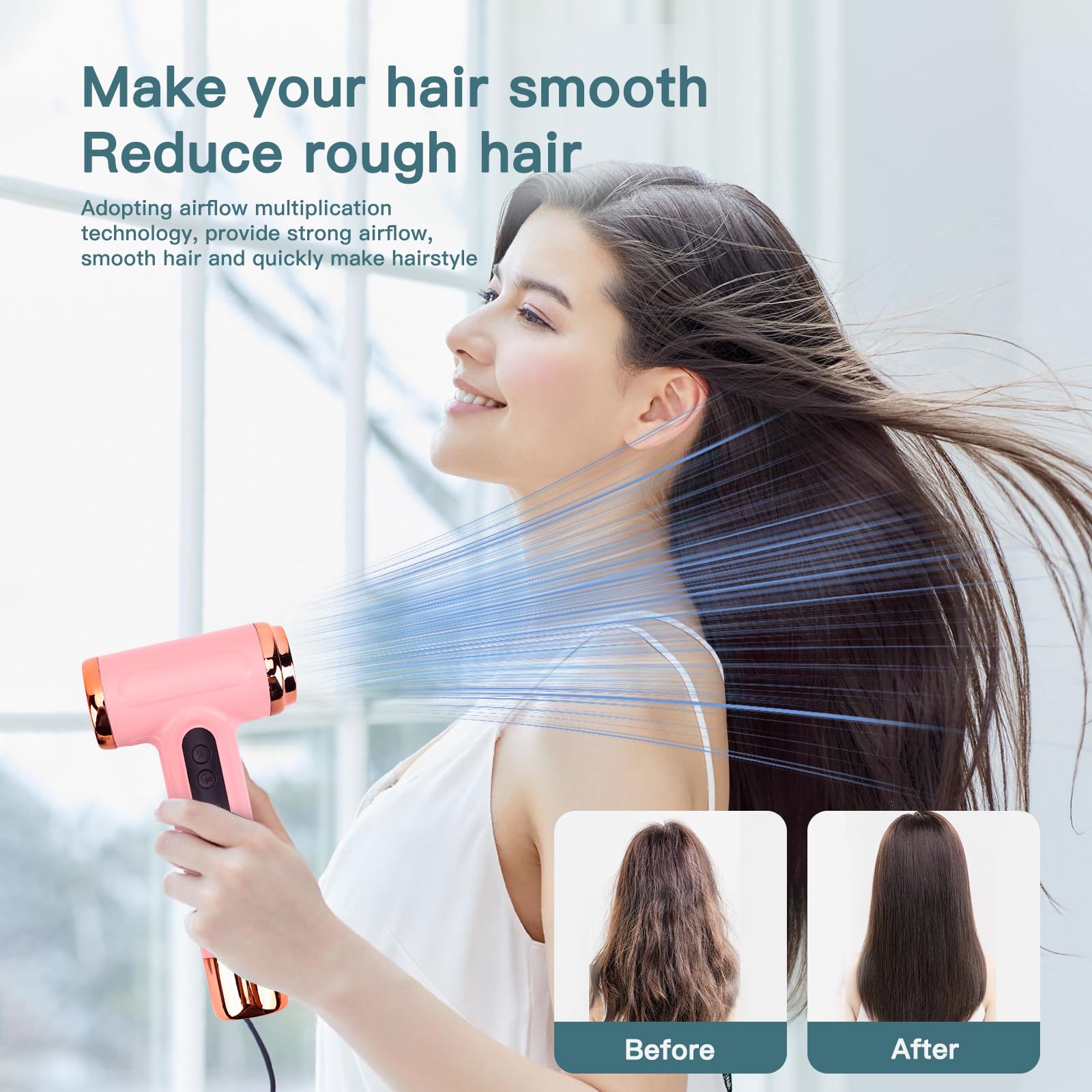Secador de Pelo Inal¨¢mbrico. 200 W Secador de Pelo Port¨¢til Recargable por USB. Estilo de Viento Fr¨ªo y Caliente para Estudiantes. Viajar. Salir. Casa (Rosado)
