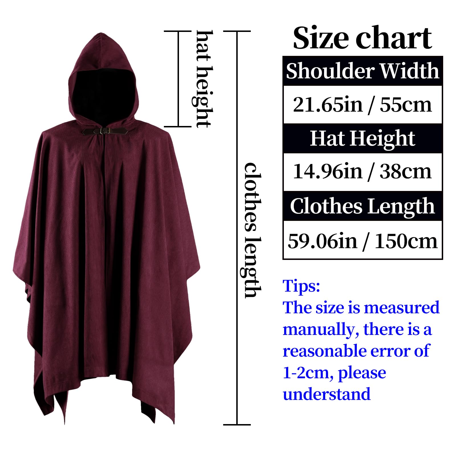 HiiFeuer Mittelalterlicher Cord Kapuzenmantel mit verstellbarer Brosche, Fantasy Poncho Renaissance Kostüm Umhang Ren Faire Cosplay(Rot)