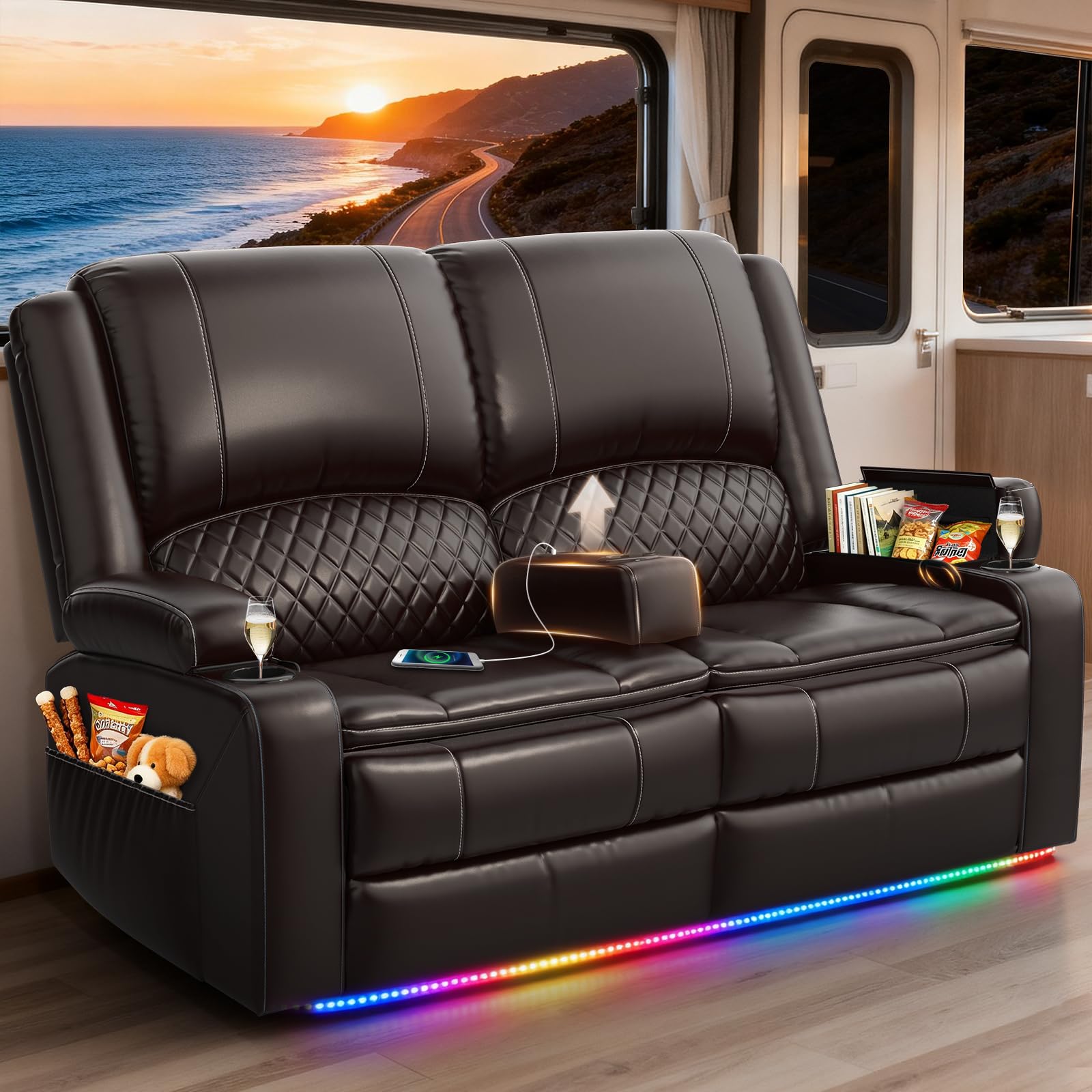 RV Loveseat Recliner Wall Hugger, Manual RV Reclining Loveseat with Removable Armrest, 3X Adjustable Theater Wall Hugger Loveseat Recliners with USB