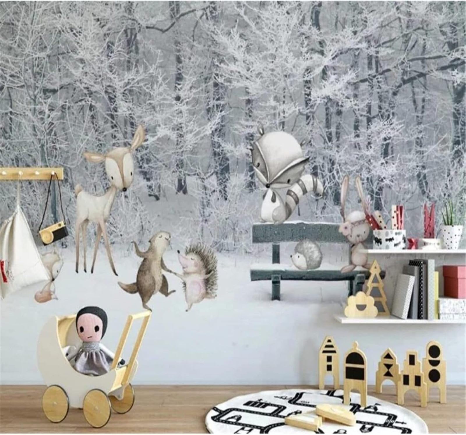 XLMING Beautiful Forest Snowy Scenery Cartoon Animals 3D Wallpaper Luxury Silk Study Dining Feature Sofa Grey Bedroom Living Room Tv Decorative Wall-350cm×256cm
