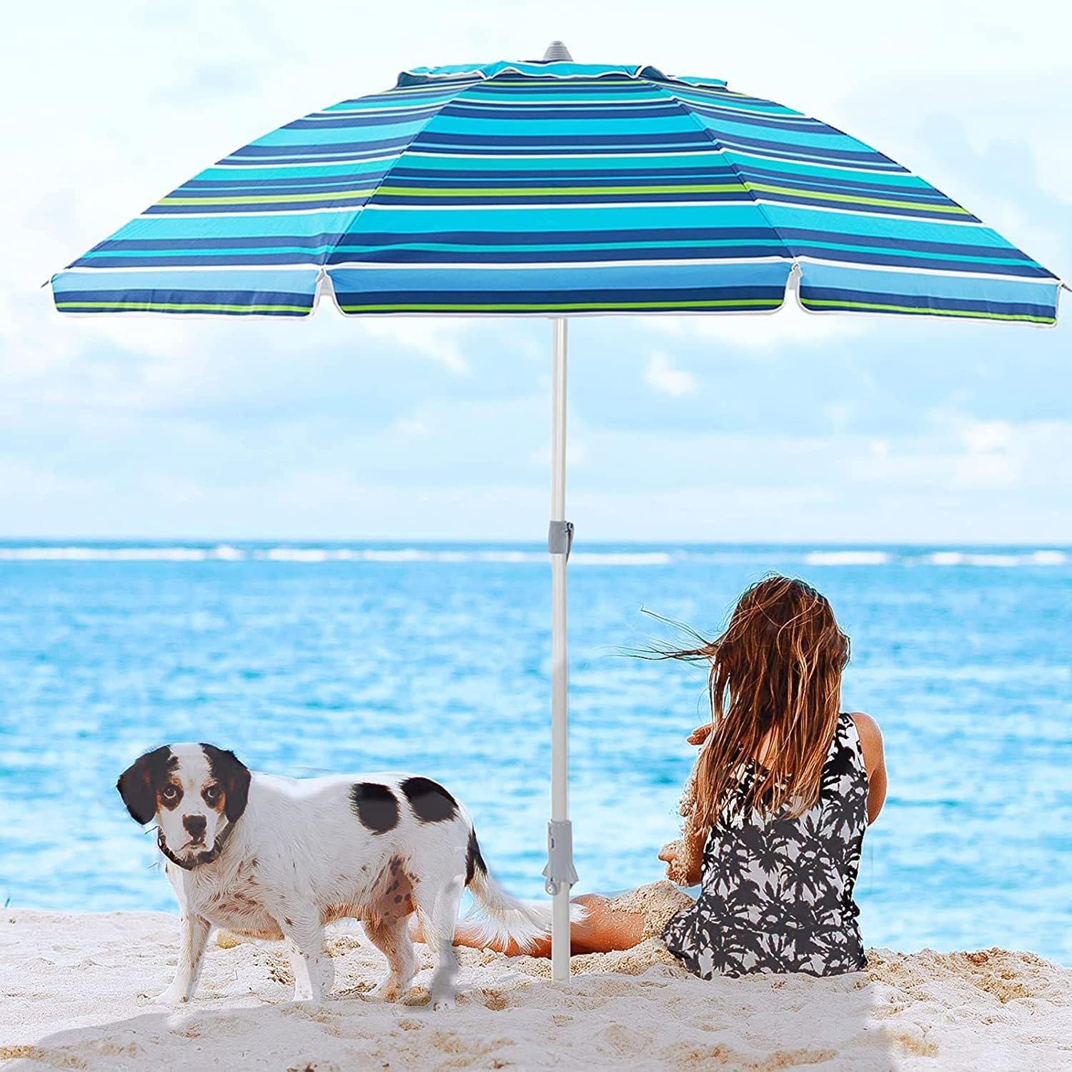 Ombrellone da spiaggia portatile a righe con ancoraggio per la sabbia, per esterni, patio, antivento, antipioggia, UPF50+, palo in alluminio resistente, ombrellone da giardino