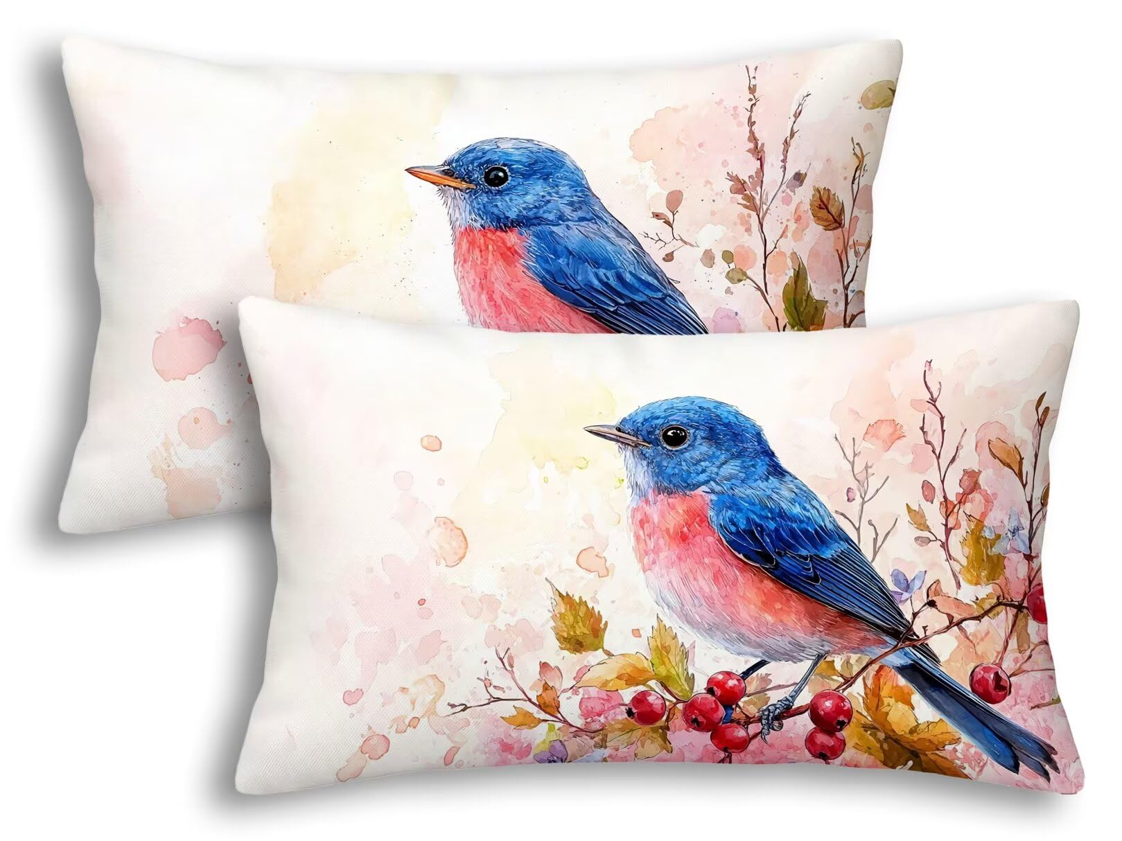 Housse de Coussin Extérieur Imperméable Lin Déperlant Double Face Rose Motif Oiseau 50x80