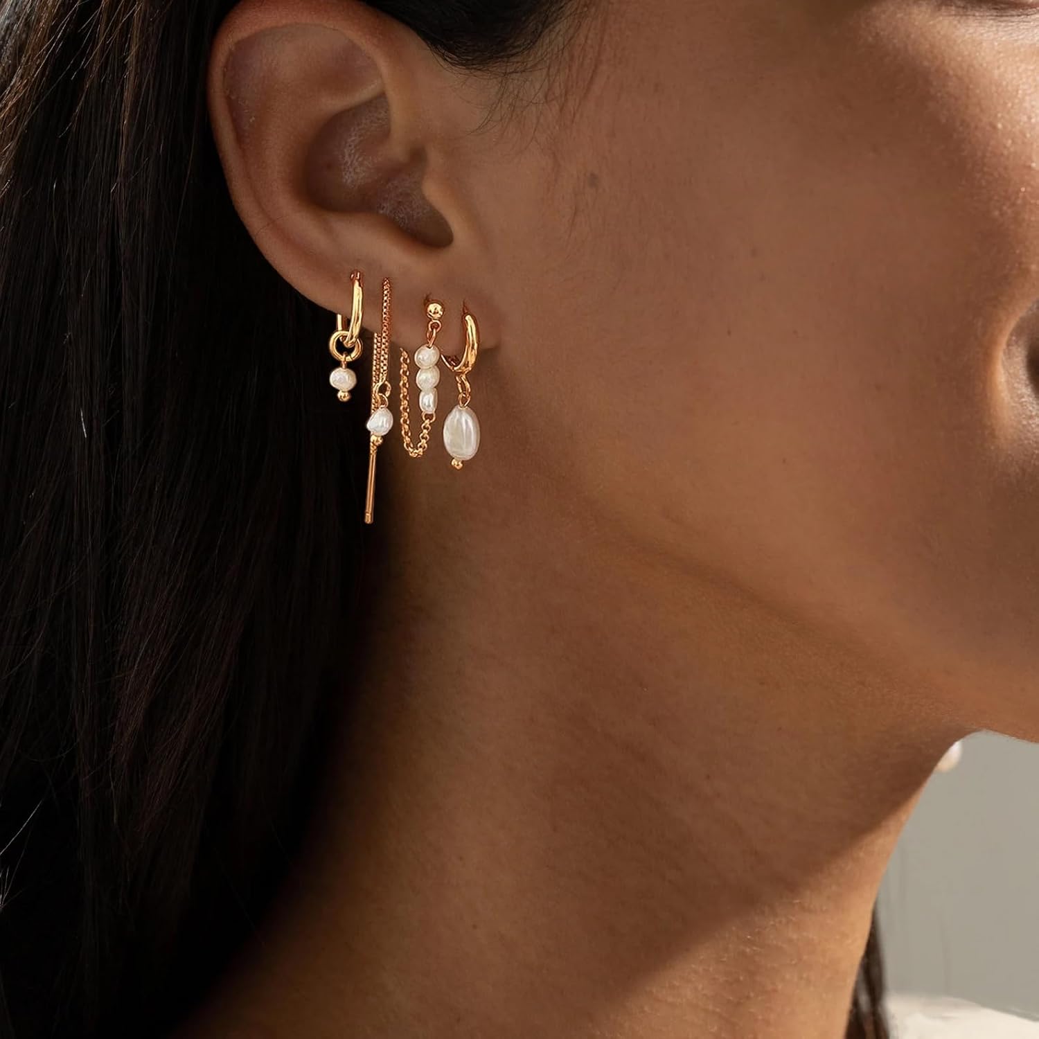 Pearl Earring Stacks for Women – Dainty 14K Gold Plated Hypoallergenic Hoop & Dangle Earrings Set - Image 8