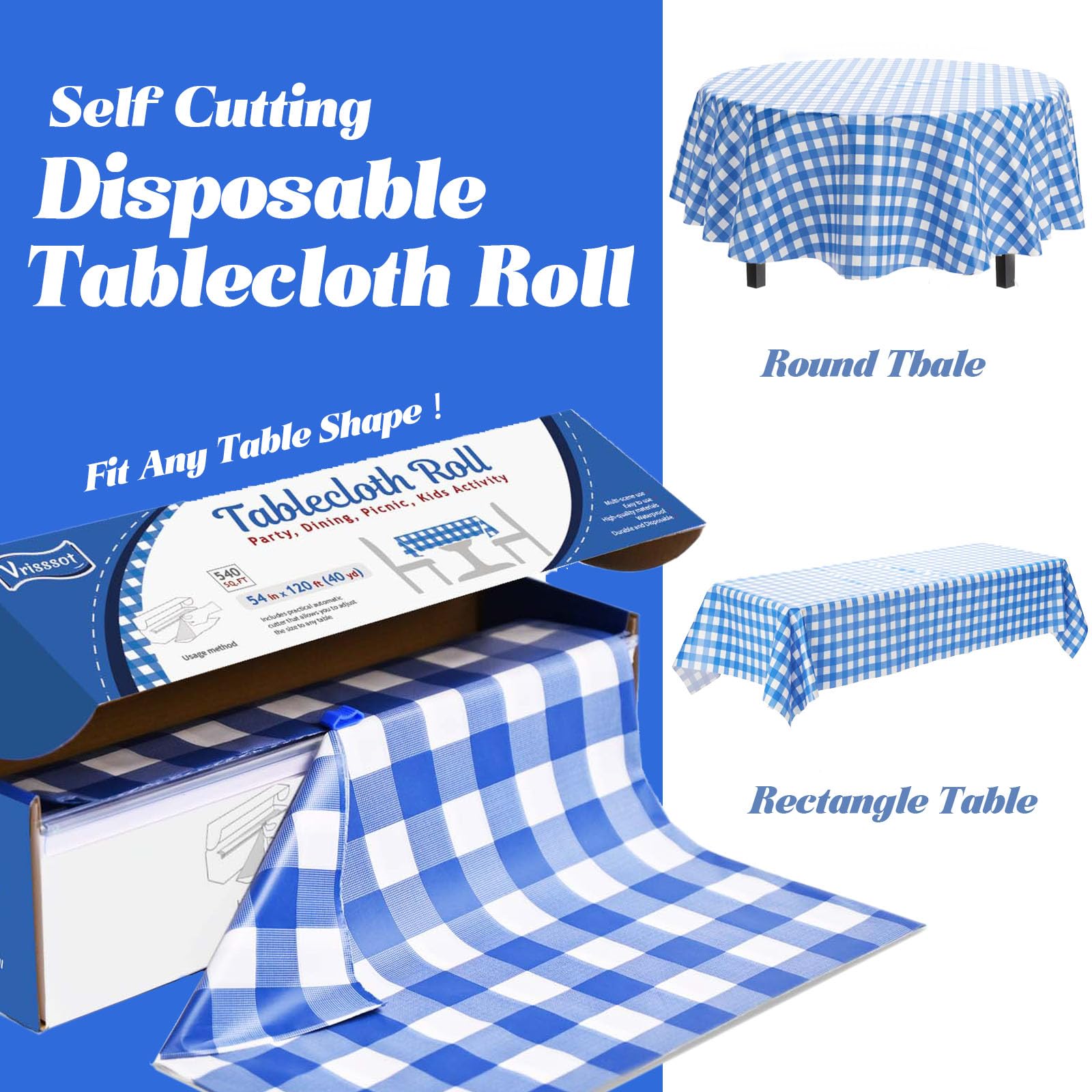 Rollo de Mantel desechable de plástico, 137 cm x 36,6 m, Rollo de plástico con Cortador fácil de Deslizar, manteles de plástico para Fiestas, Desechables, a Cuadros Azules