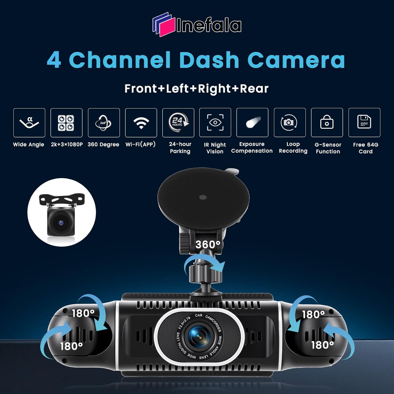 Inefala 2K WiFi Dashcam Coche Delantero Trasero Interior, con Tarjeta SD 64G, 2K+1080P*3 FHD 4 Canales Dash CAM, Cámara para Coche 360°con Ayuda a Marcha Atrás, Sensor G, visión Nocturna