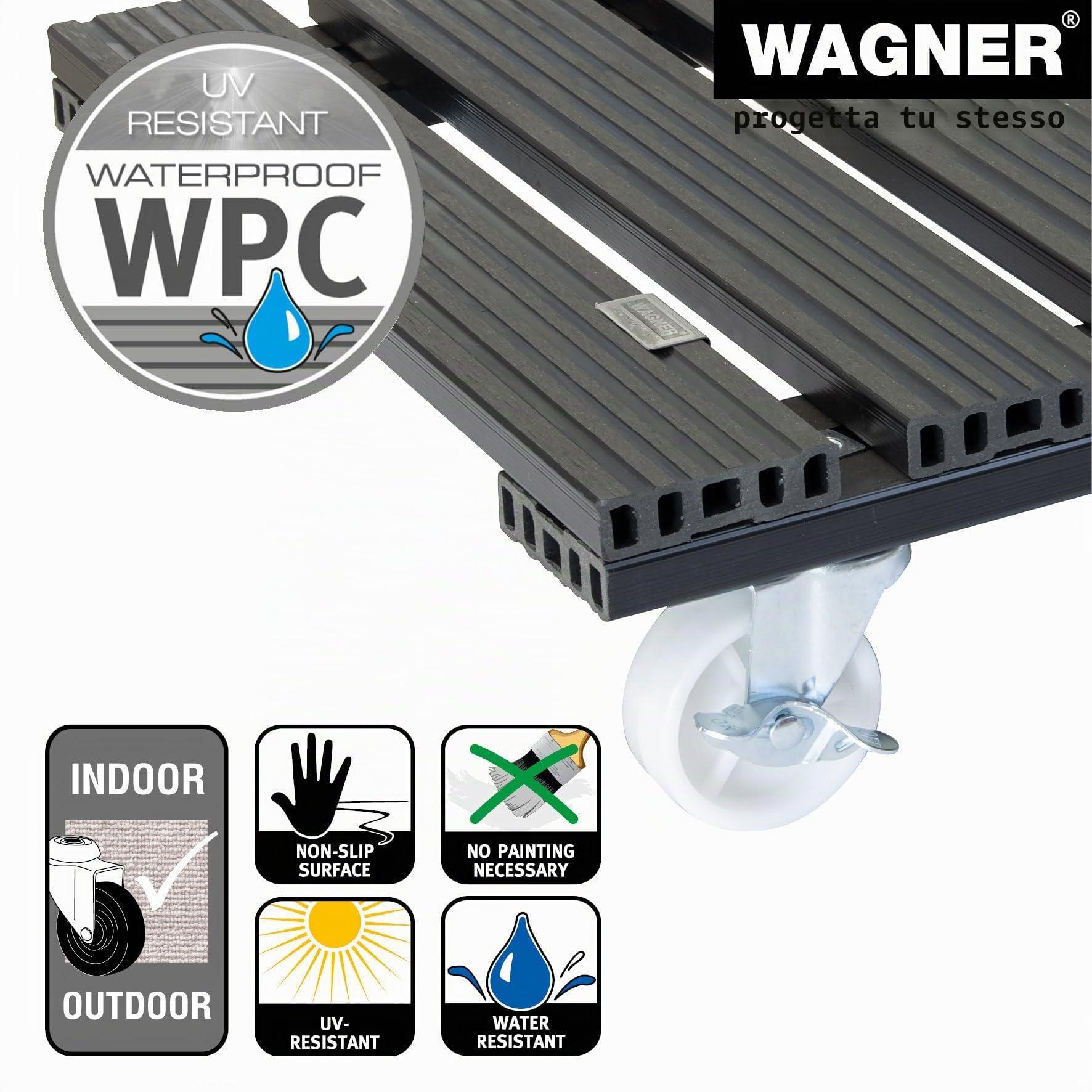 Wagner Carrello per Piante WPC 38,5 x 38,5 x 11 cm I Carrello per Fiori e Piante per Interni ed Esterni, Antracite I Portavaso in Composito di plastica e Legno I Portata 120 kg - 20054001