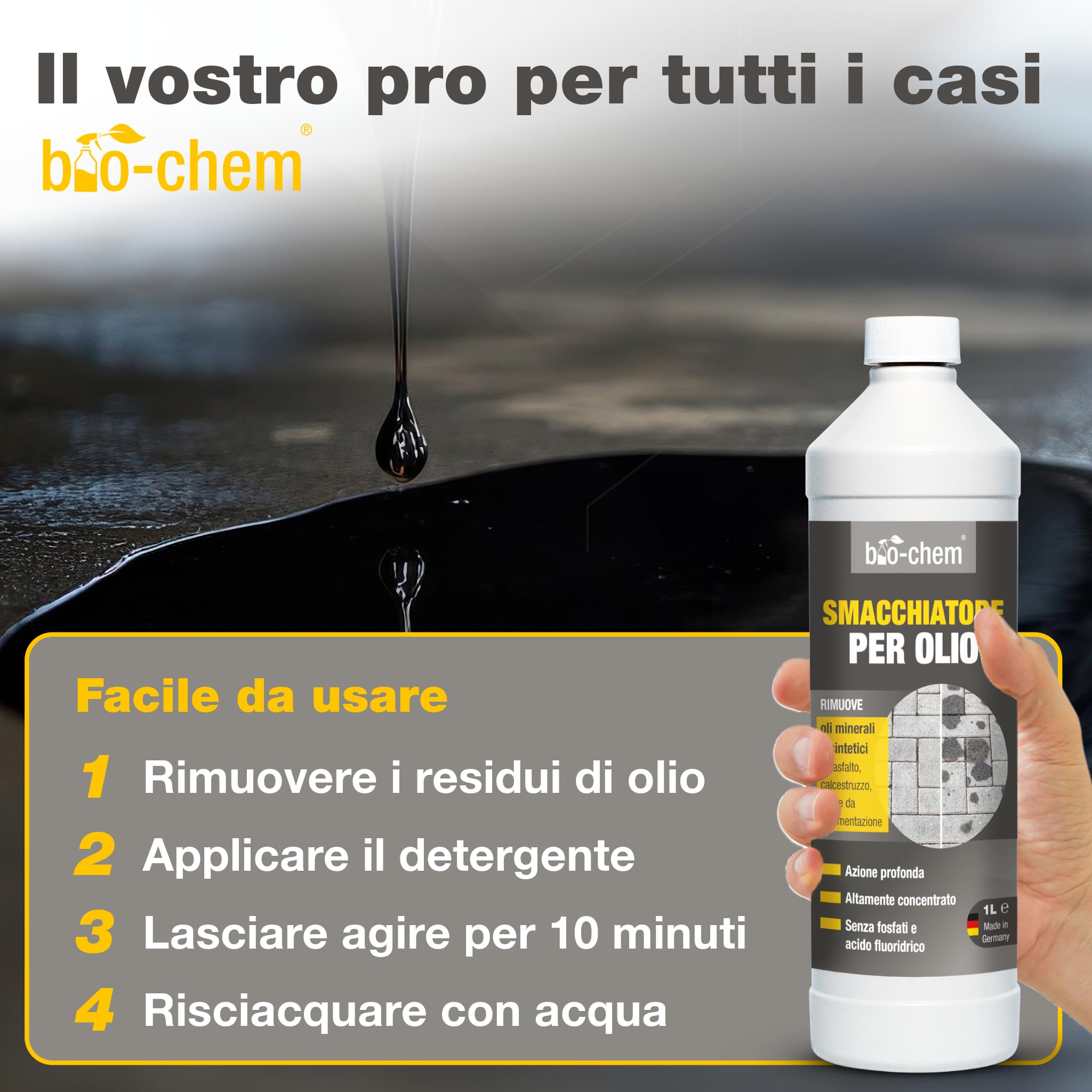 bio-chem - Smacchiatore per Macchie d'olio 2L - Smacchiatore concentrato biodegradabile - Pulizia per pavimentazioni in Pietra, Asfalto - Detergente per Auto, Garage e terrazzi
