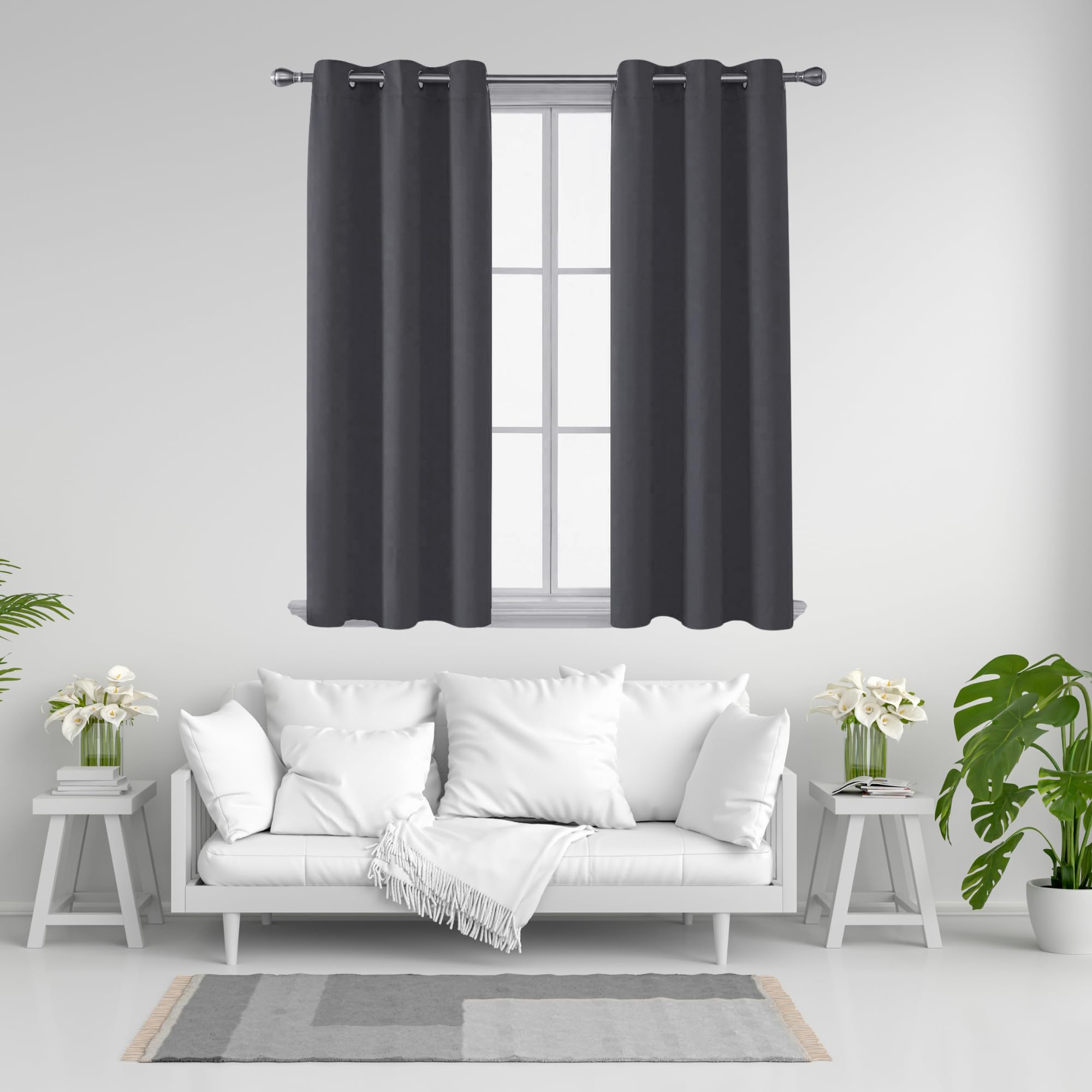 J.Din Blackout Curtains for Bedroom/Living Room, Black out super soft Thermal Insulated curtains & drapes, Ring Top Eyelet Curtain for window, 2 Panels with Tie backs (Dark Grey, 90" Wide x 54" Drop)