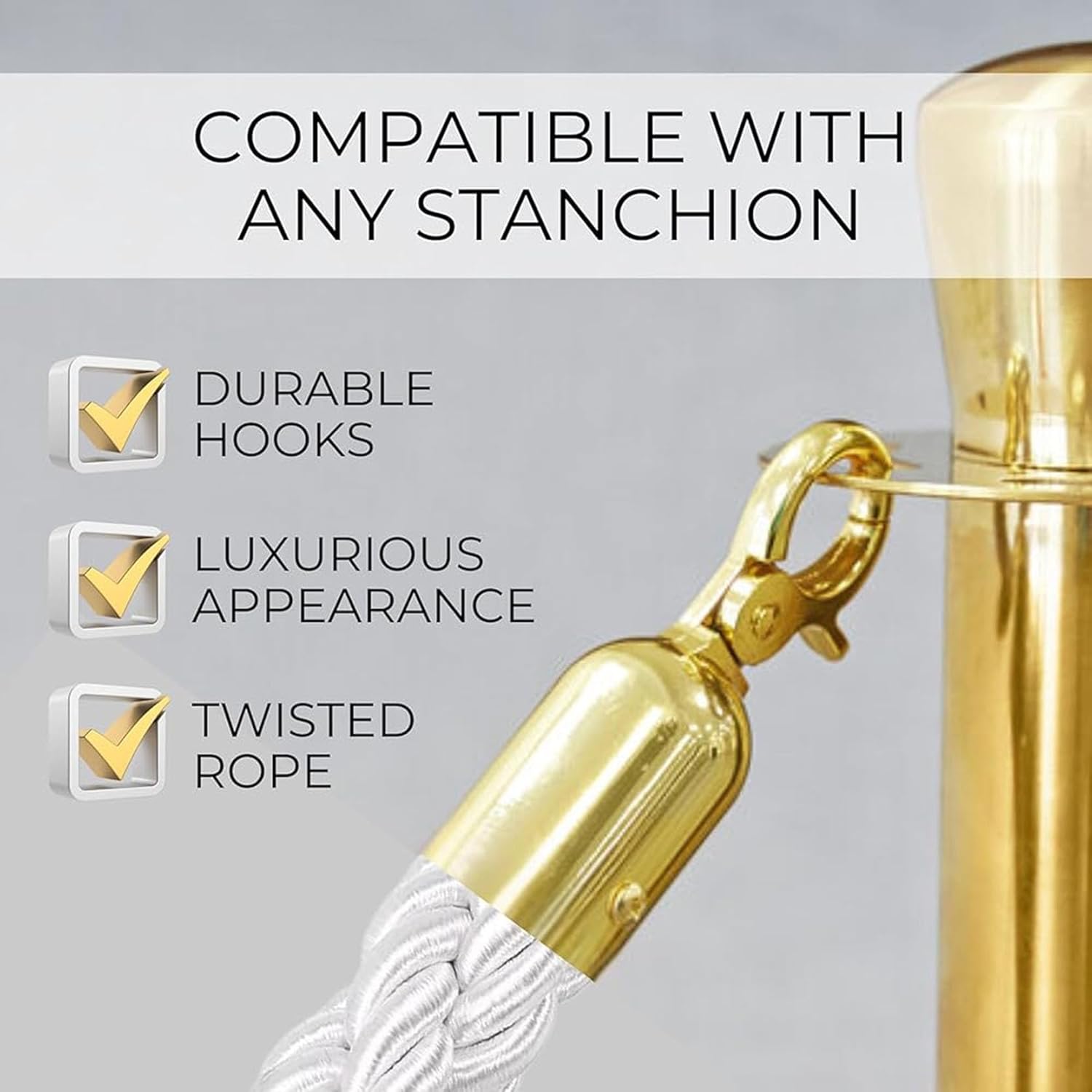 Heavy-Duty Stanchion Rope with Snap Hooks - 4.9ft Twisted Queue Line Barrier for Movie Theaters, Hotels, Grand Openings, Event Management, Crowd Control