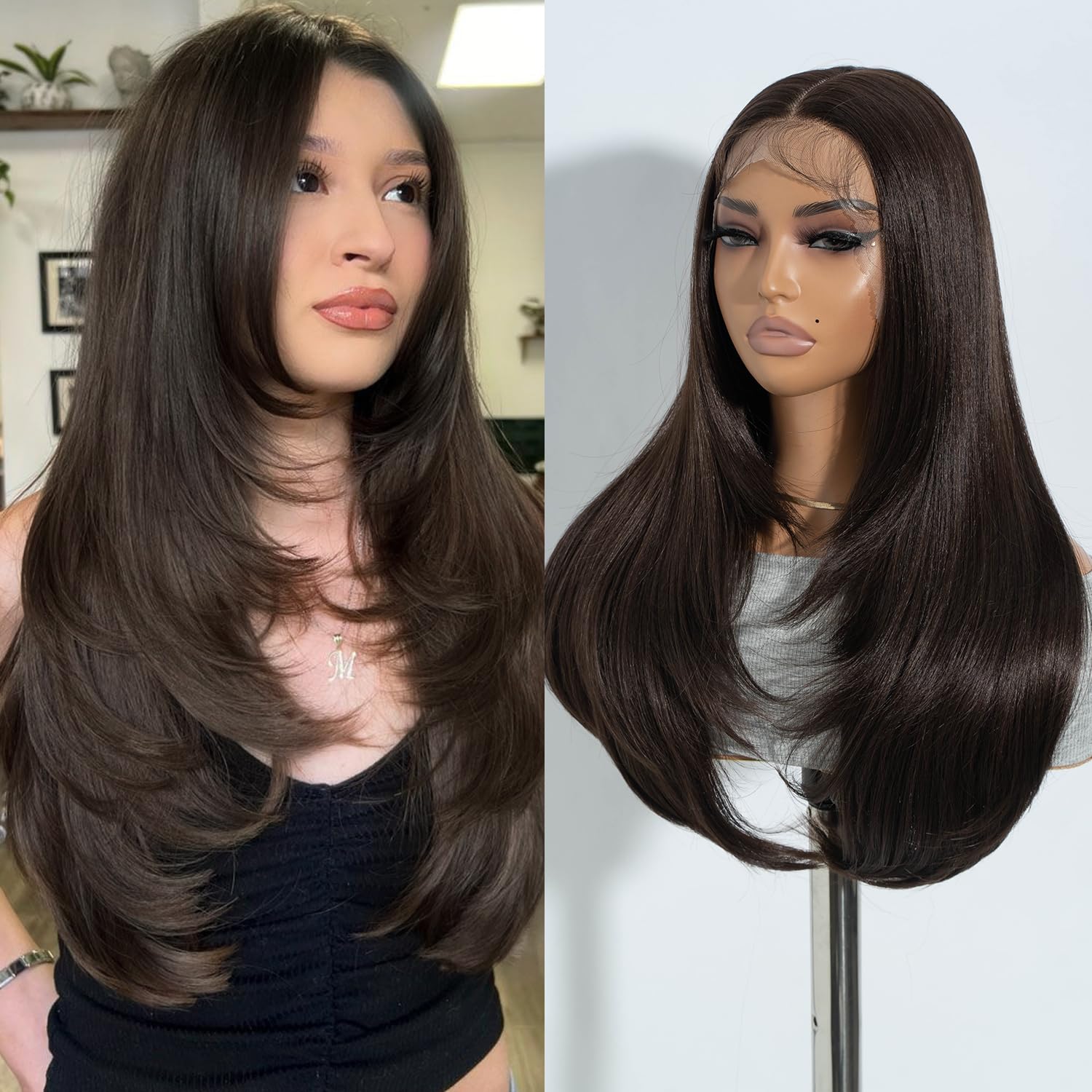 Joedir Long layered Straight Wigs with Curtain Bangs Synthetic Lace Front Wigs for Woman Pre Plucked 13x4x1 Lace Wig 24 Inches Long Middle Part Layered Wig