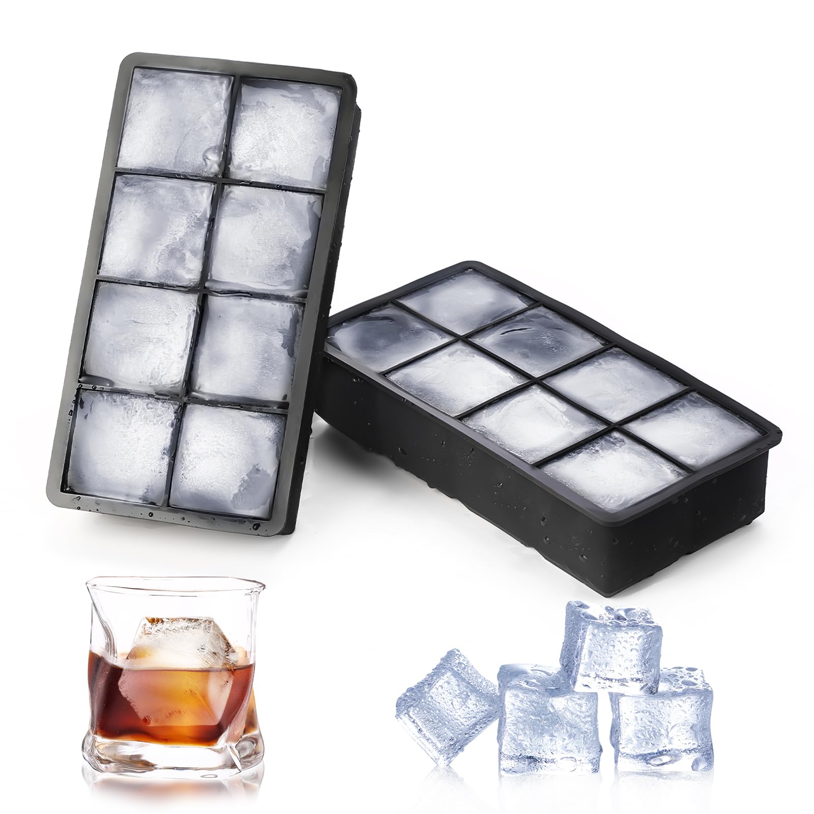 Silicone Ice Cube Trays 2 Pack - Large Ice Tray Molds for making 16 Giant Ice Cubes for Whiskey, Cocktails, Soups and Frozen Treats - Stackable Square Ice Cube Tray