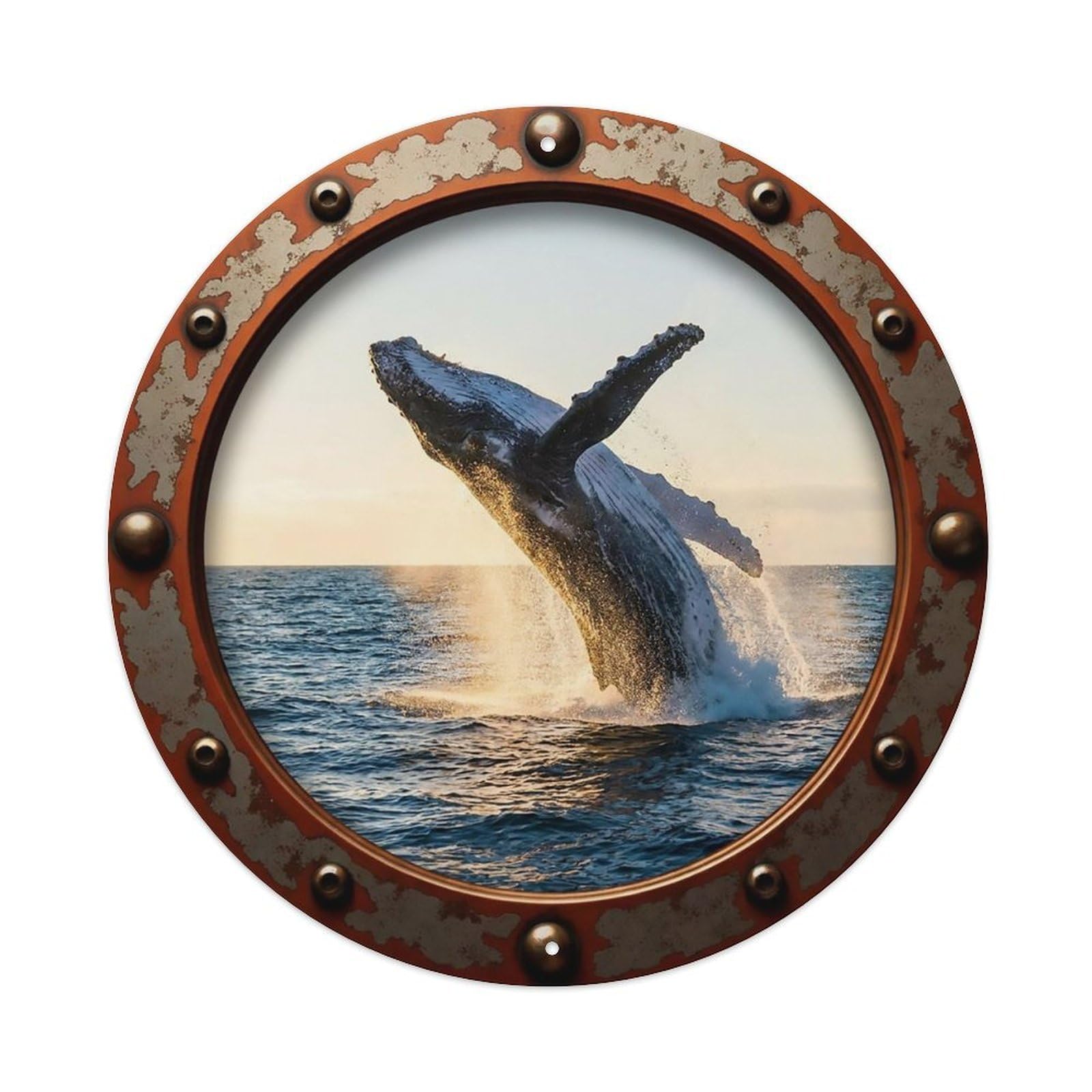 Vintage Porthole Whale Breach Ocean View Metal Tin Sign