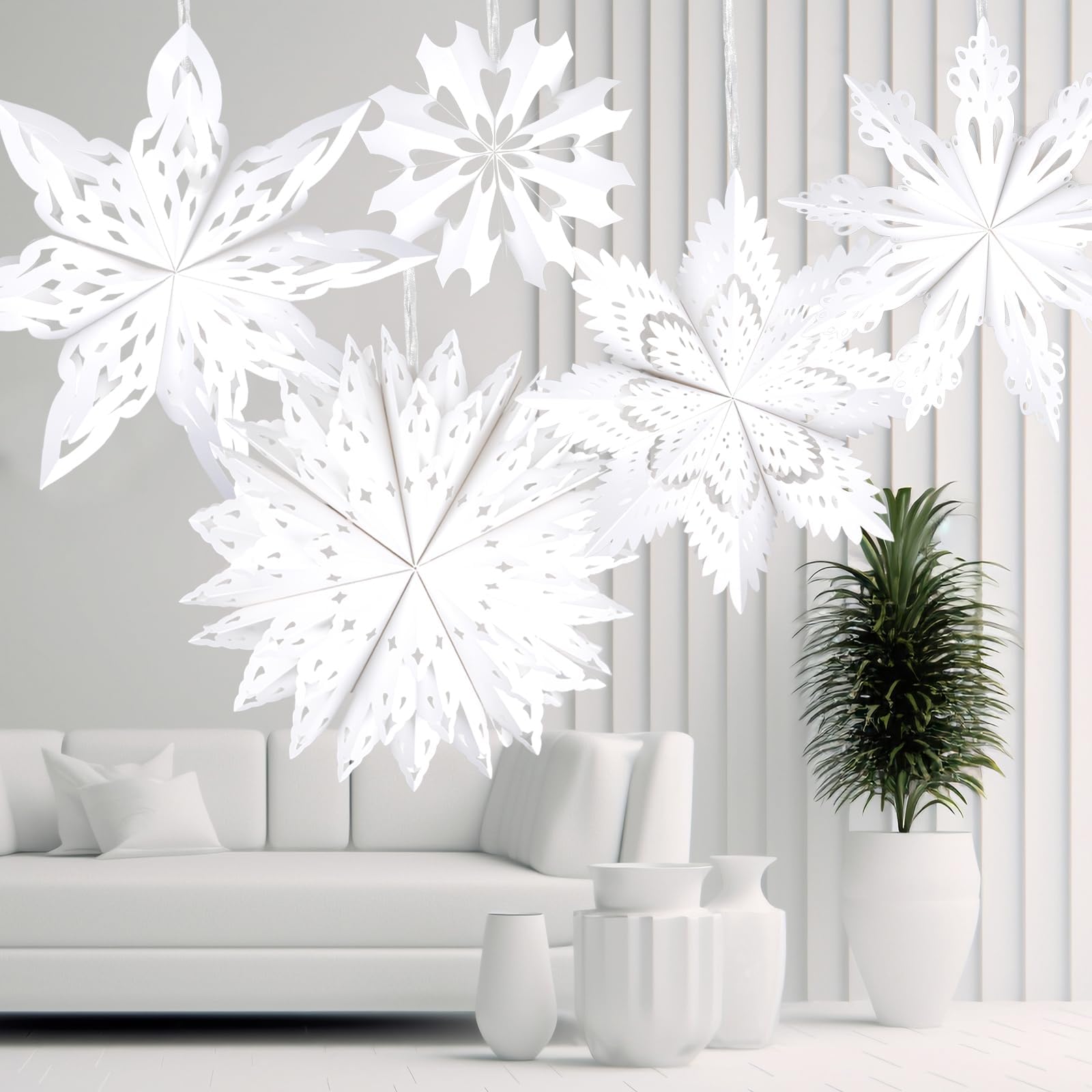 5 Stück Weihnachten Papier Schneeflocke Laternen Weihnachten Papier Stern Laterne mit LED Licht Weiß Hängelampe Ornamente für Weihnachtsbaum Neujahr Winter Frozen Hochzeiten Geburtstag Urlaub Party